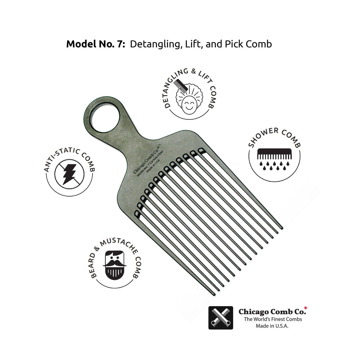Chicago Comb Co. - Model No. 7 Carbon Fiber Pick Comb