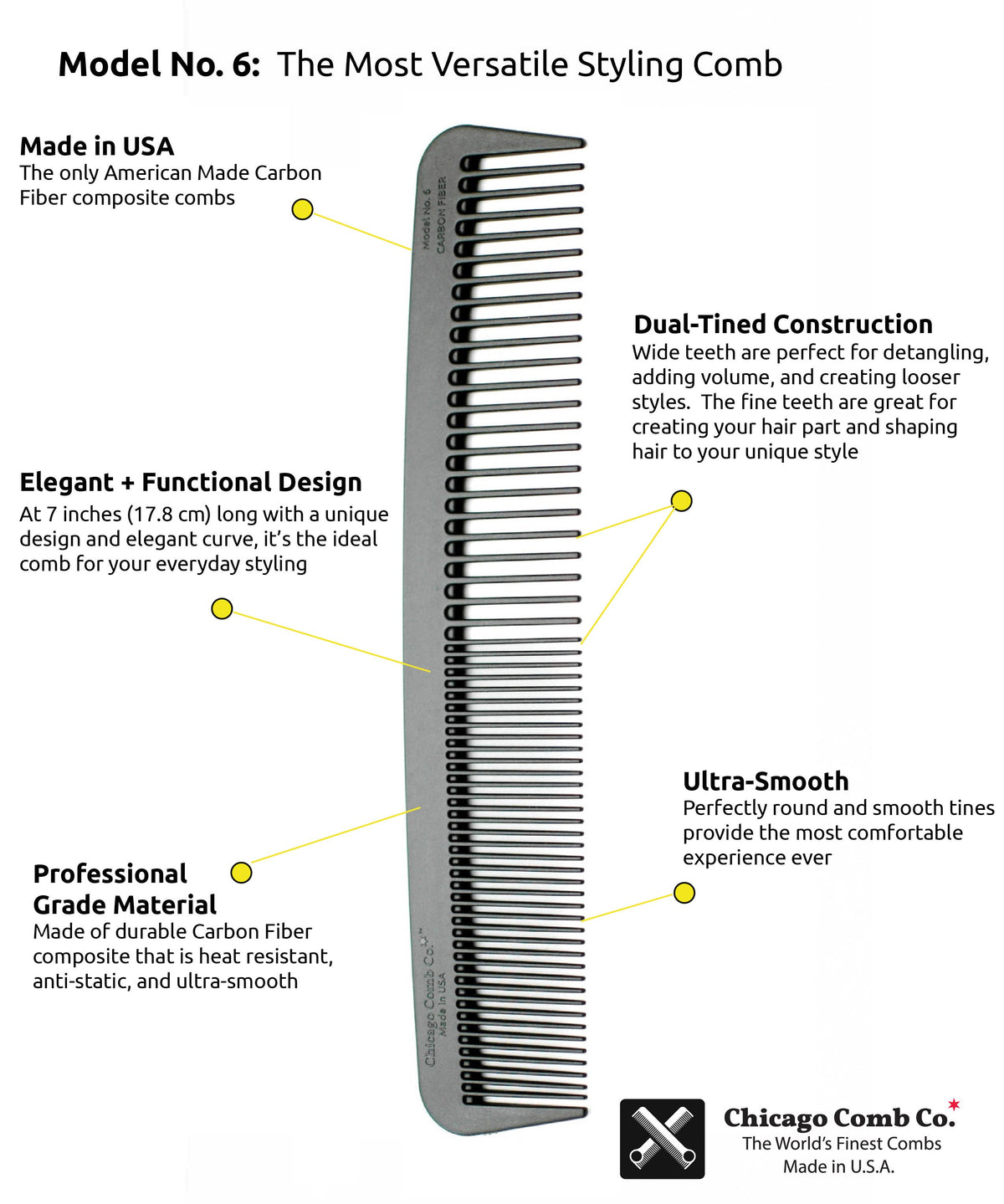 Chicago Comb Co. - Model No. 6 Carbon Fiber Comb