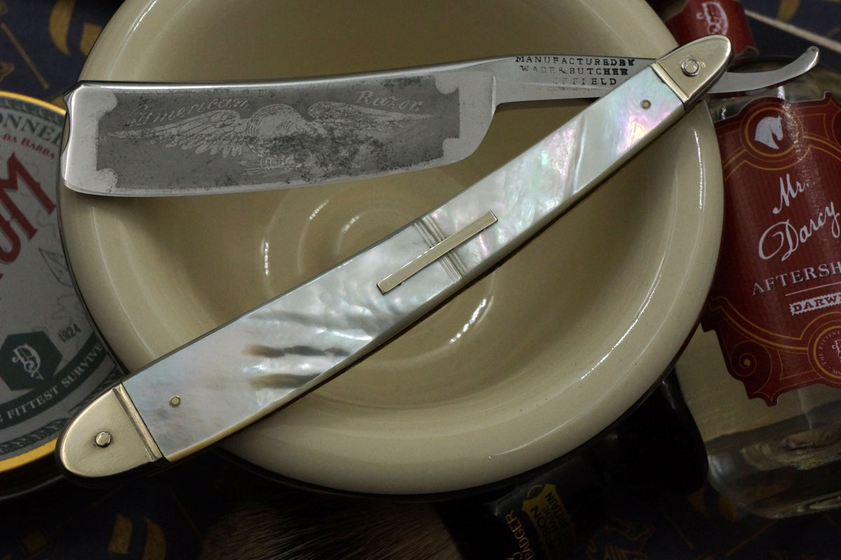 Wade & Butcher "American Razor" 7/8 - Patriotic Eagle Etch Fully Restored Mother of Pearl Scaled Sheffield Straight Razor - Shave Ready