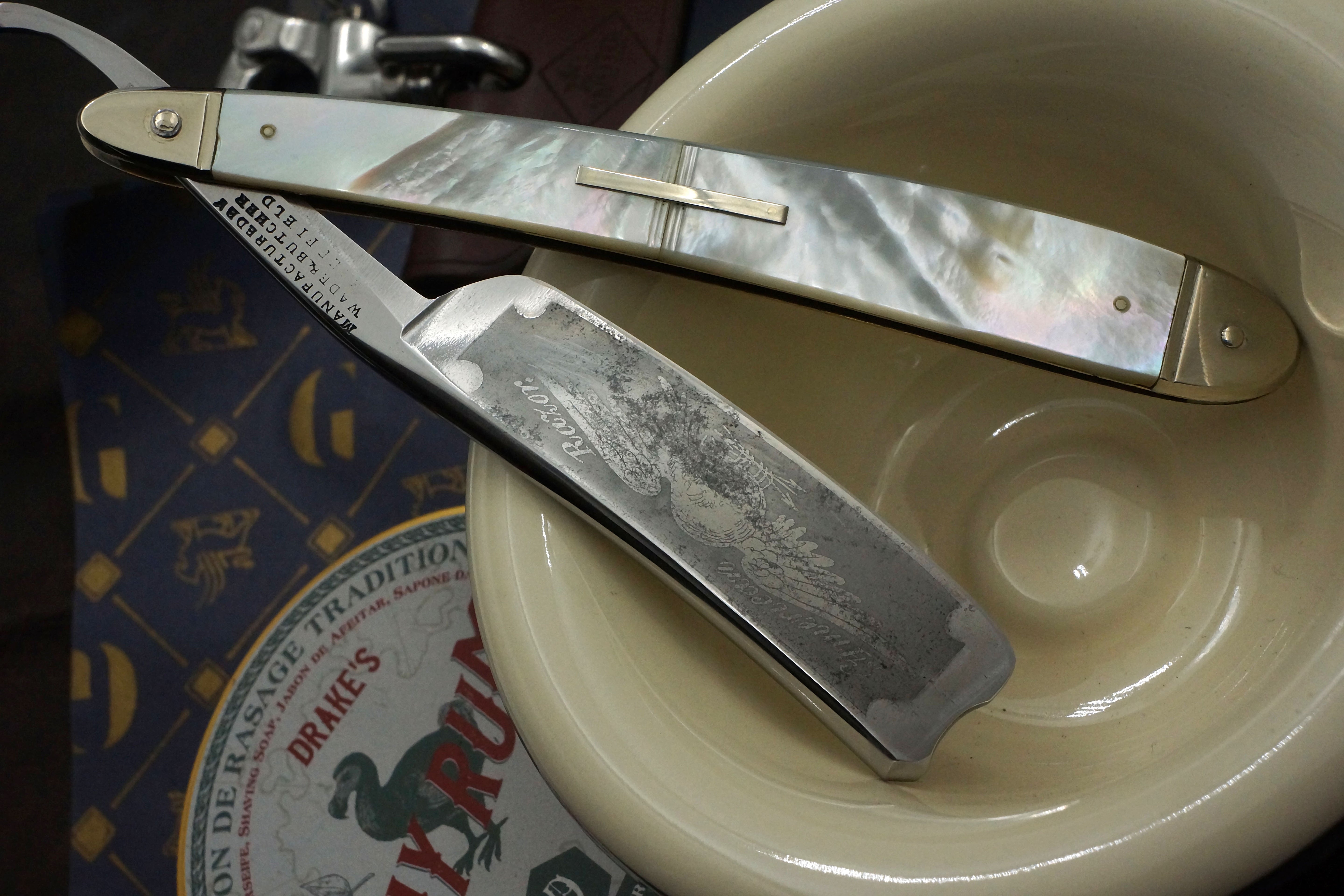 Wade & Butcher "American Razor" 7/8 - Patriotic Eagle Etch Fully Restored Mother of Pearl Scaled Sheffield Straight Razor - Shave Ready
