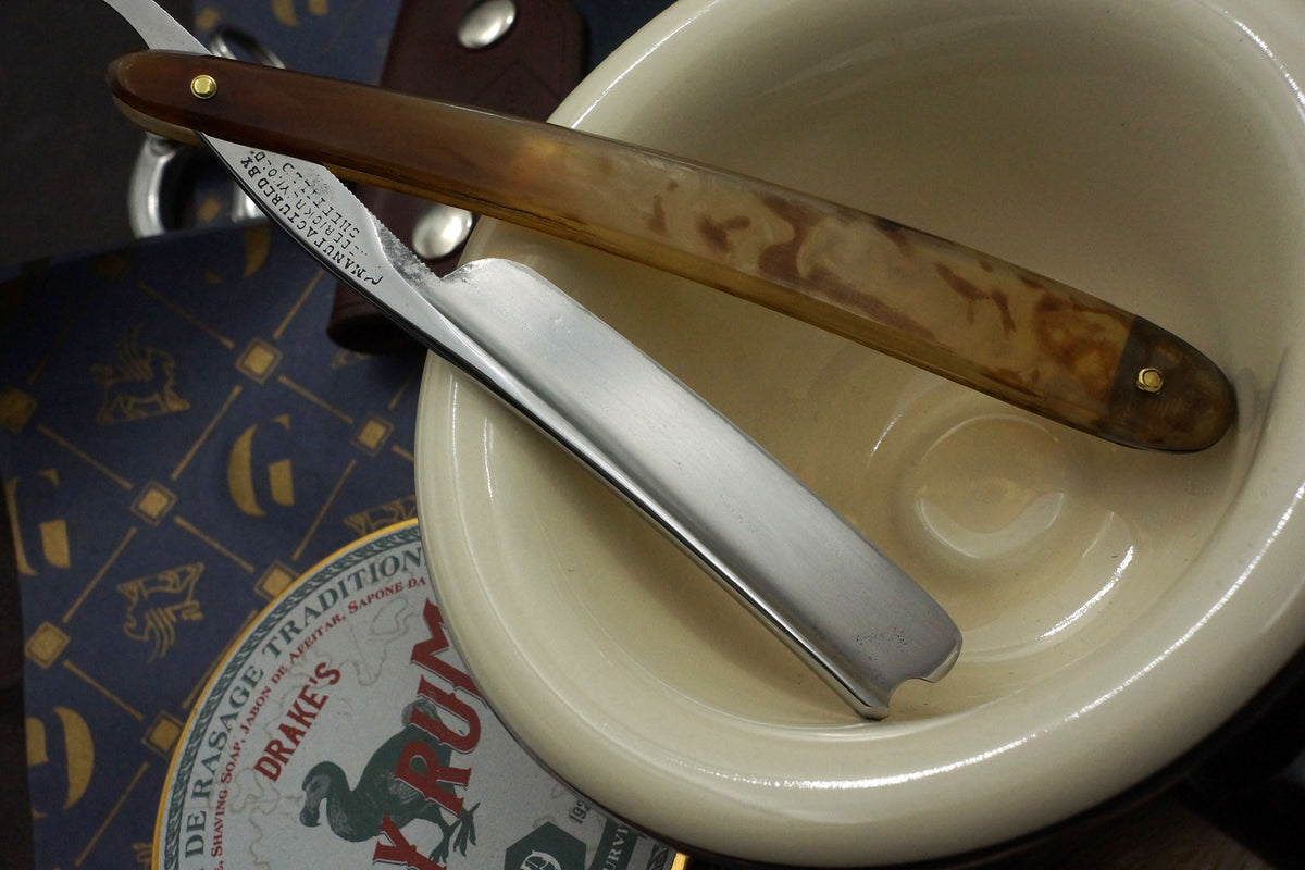 Frederick Reynolds Rattler Grind 5/8 – Vollständig restauriertes originales Sheffield-Rasiermesser mit Hornskalierung – bereit zur Rasur