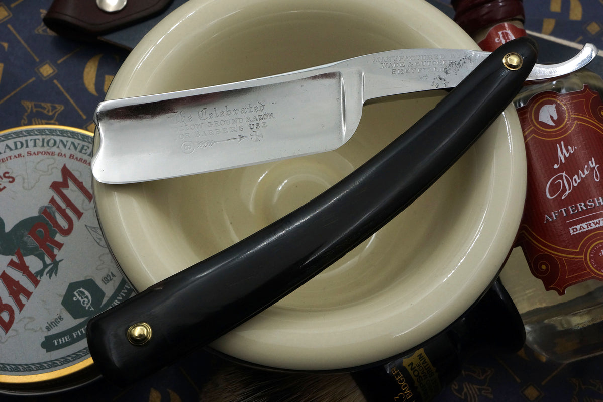Berühmtes Rasiermesser von Wade & Butcher mit Hohlschliff für den Einsatz beim Friseur, 8/8, 1 Zoll breit, komplett restauriert mit Originalschalen, Sheffield-Rasiermesser, bereit zur Rasur