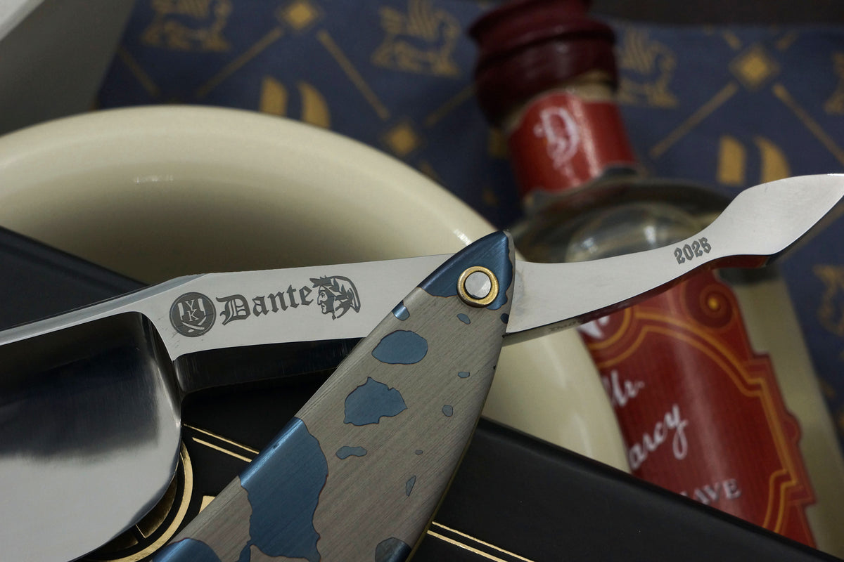 Art Razor Dante 10/8 Quarter Hollow Blade - Preowned Custom Straight Razor with Etched Metal Scales - Shave Ready