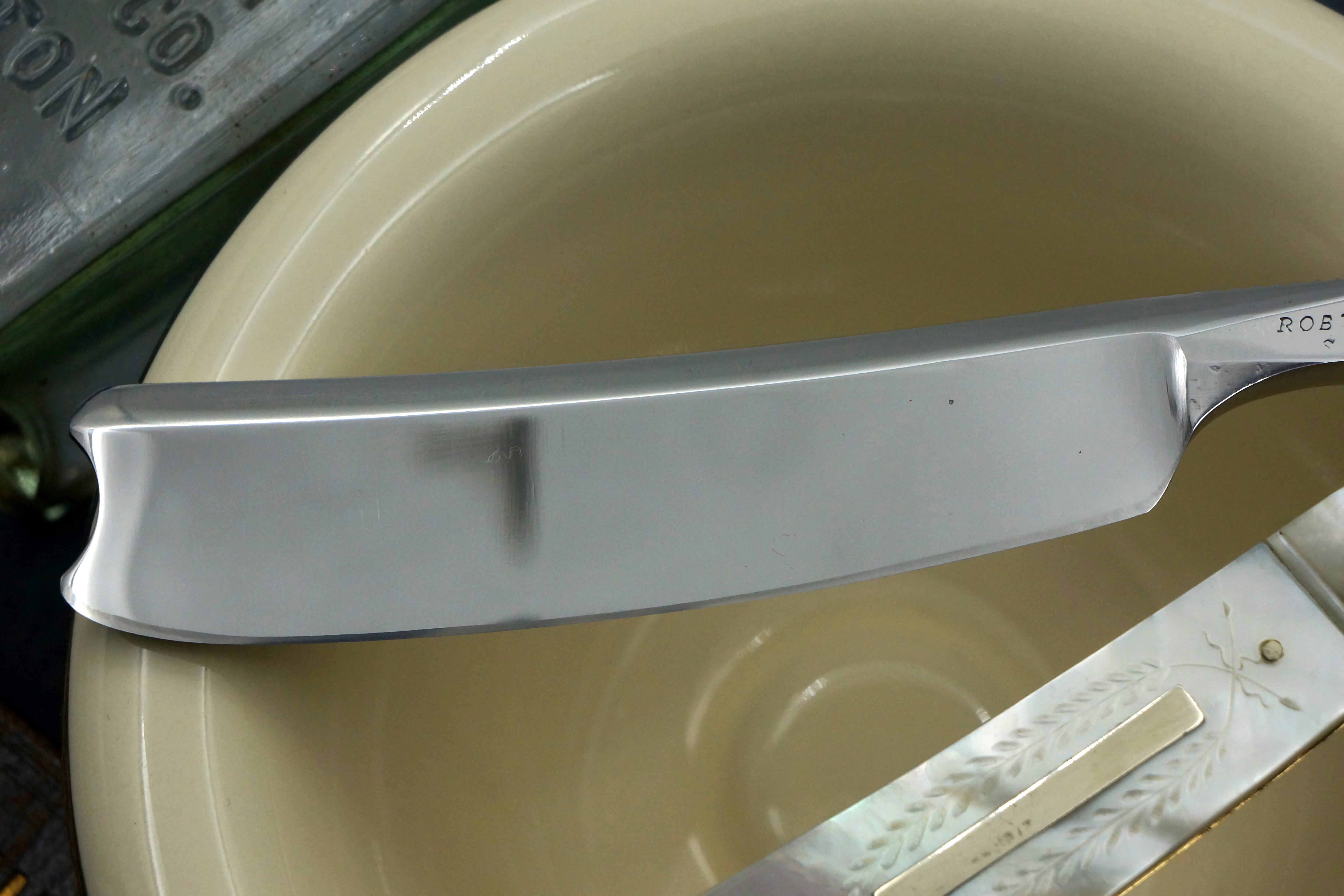 Robert Baxter & Co. 6/8 - Fancy Grind Fully Restored Carved Mother of Pearl Scaled Sheffield Straight Razor - Shave Ready