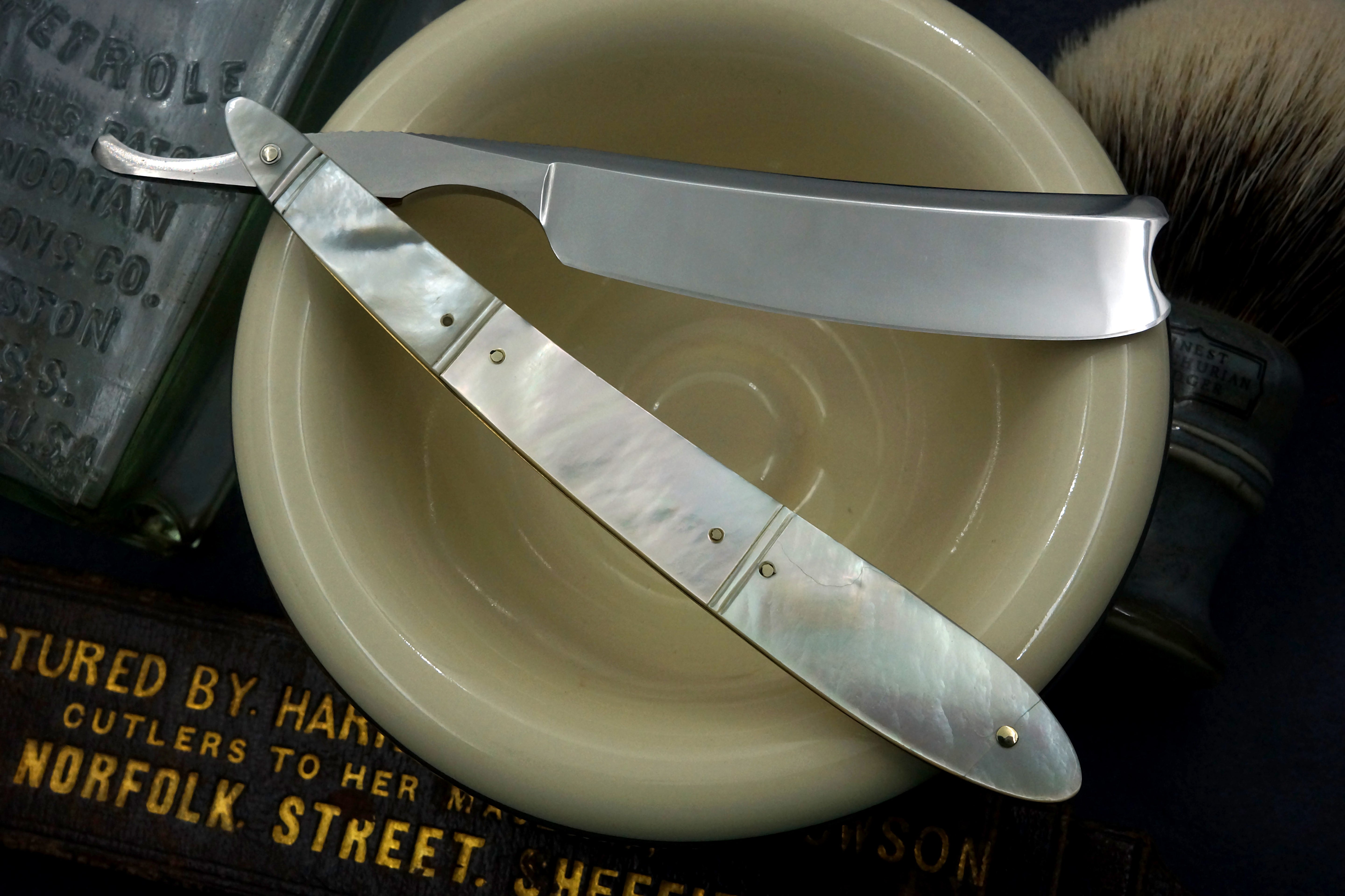 Robert Baxter & Co. 6/8 - Fancy Grind Fully Restored Carved Mother of Pearl Scaled Sheffield Straight Razor - Shave Ready