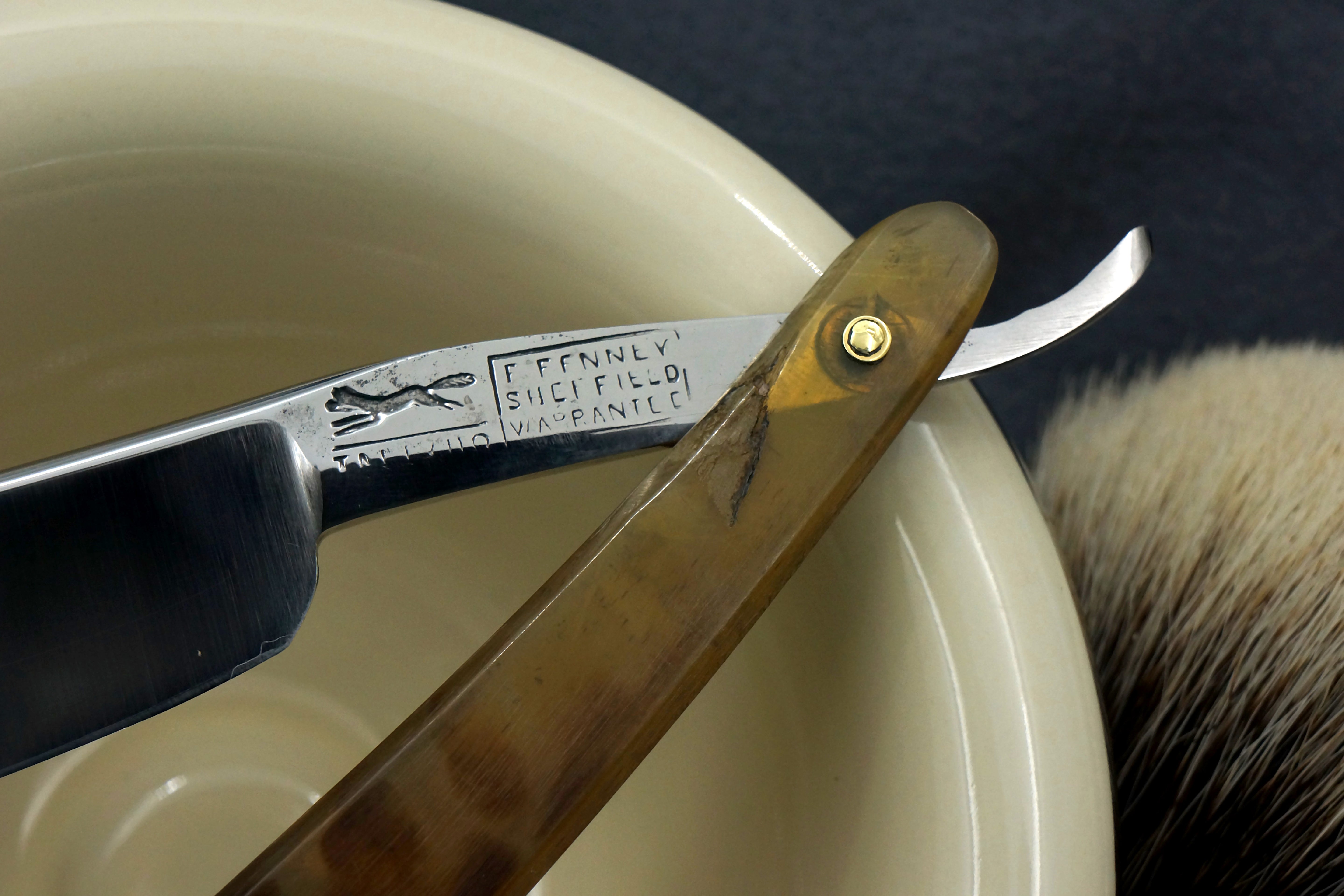 F. Fenney "Tally Ho" 13/16 Near Wedge Blade with Fancy Horn Scales - Handsome Fully Restored Sheffield Straight Razor - Shave Ready