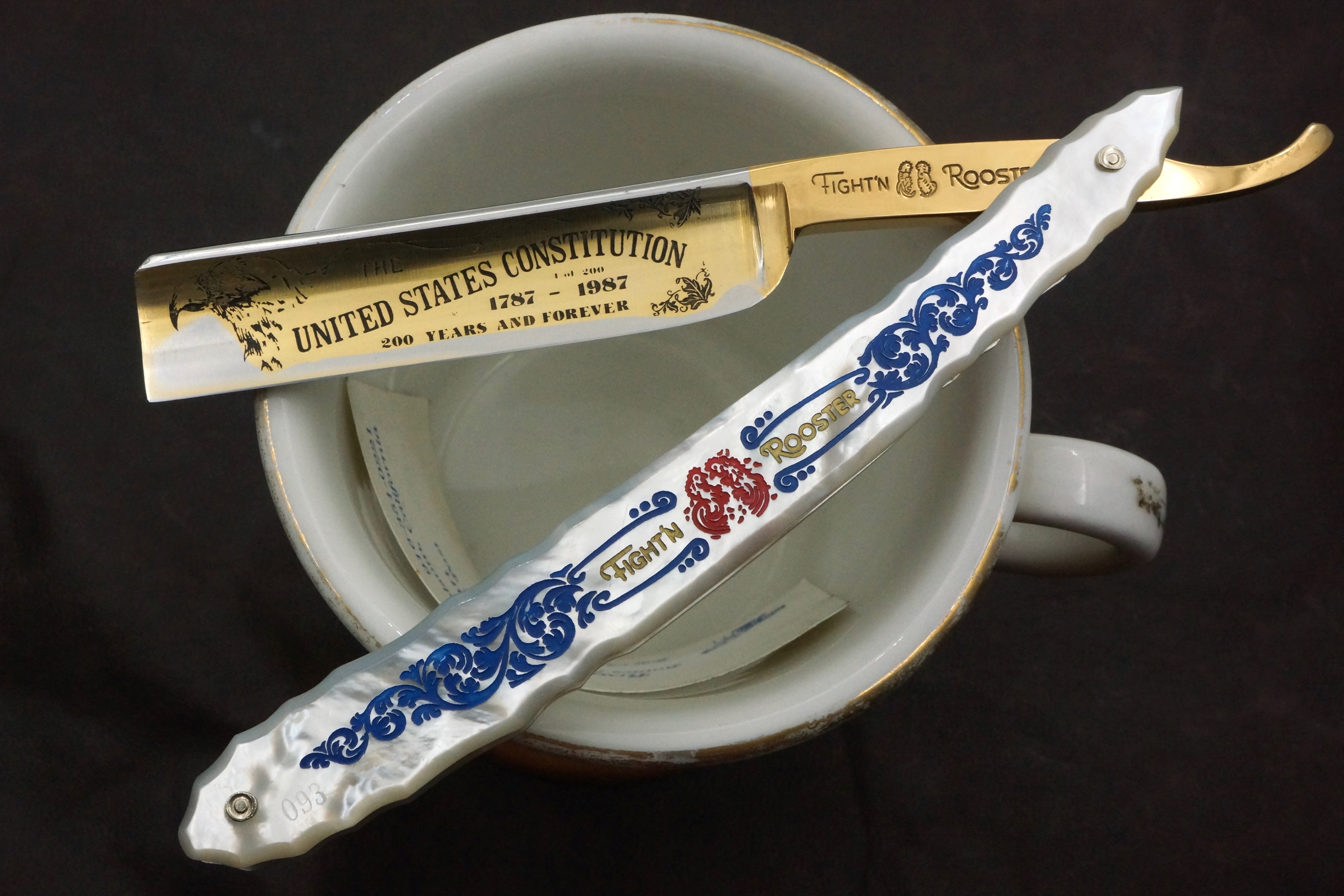 Frank Buster Fight'n Rooster Amazing 11/16 Carved & Engraved Mother of Pearl Scaled- Vintage Solingen Straight Razor - Shave Ready