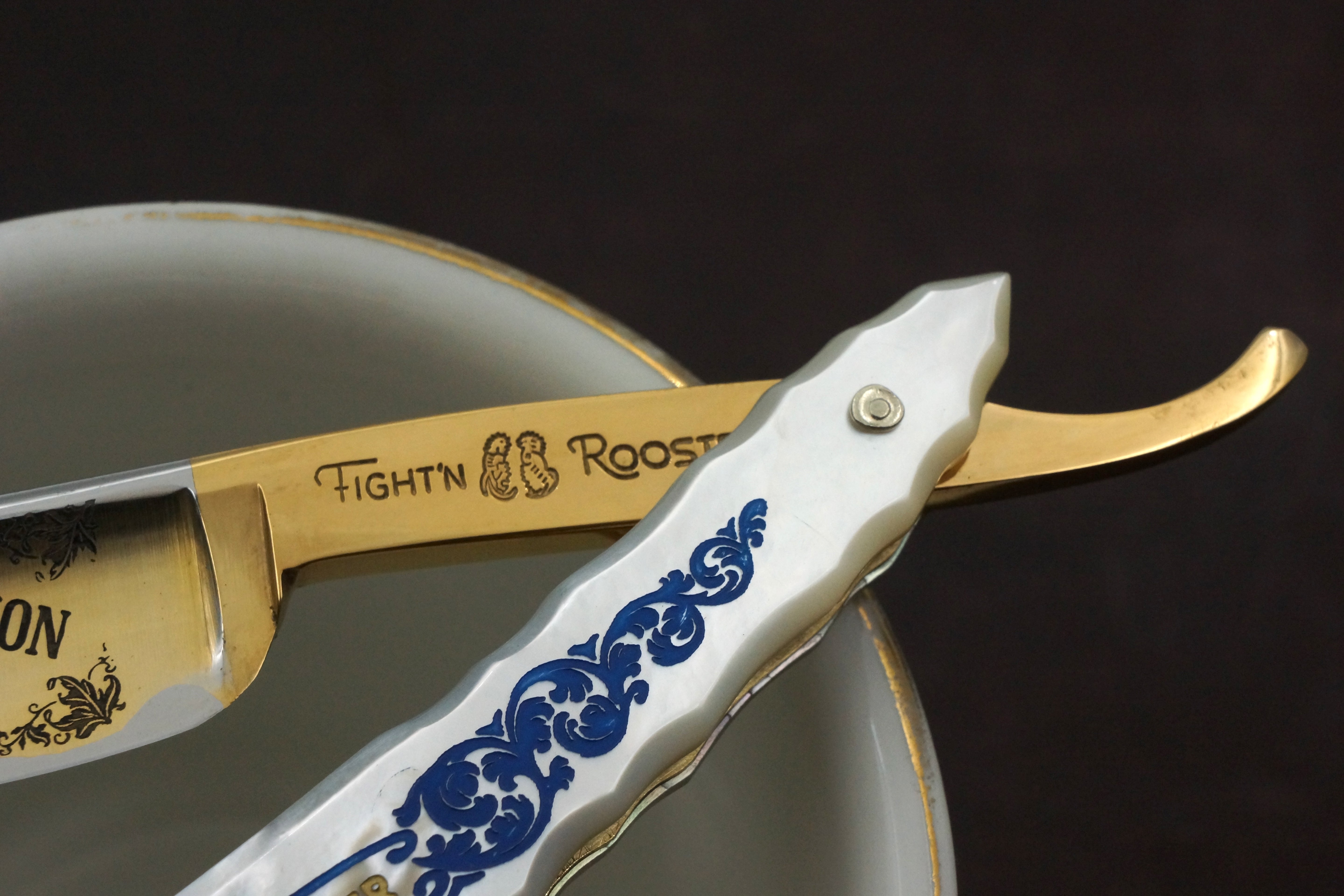 Frank Buster Fight'n Rooster Amazing 11/16 Carved & Engraved Mother of Pearl Scaled- Vintage Solingen Straight Razor - Shave Ready