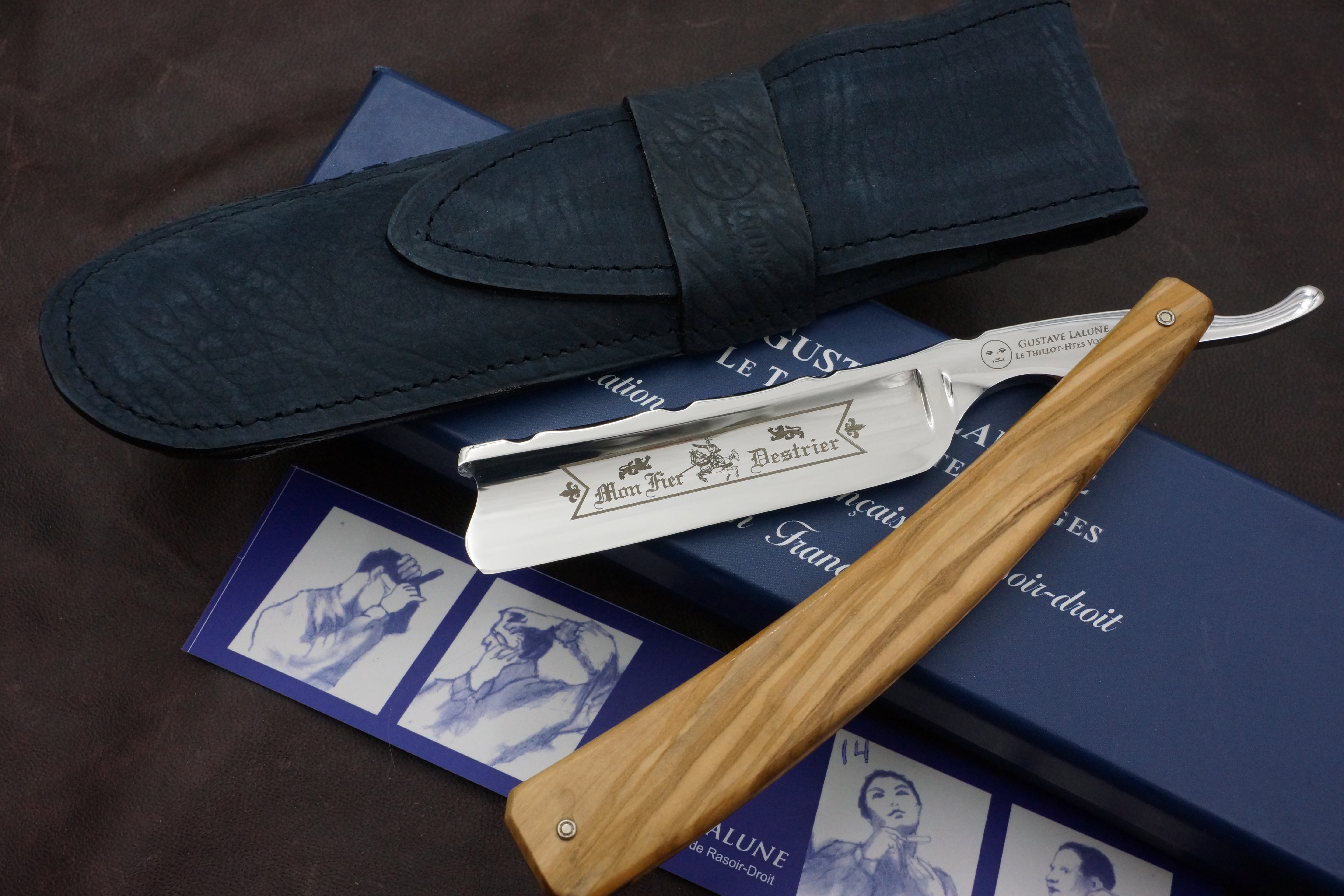 Gustave La Lune 6/8 Full Hollow Fancy Blade with Olivewood Scales - Excellent Preowned French Straight Razor - Shave Ready