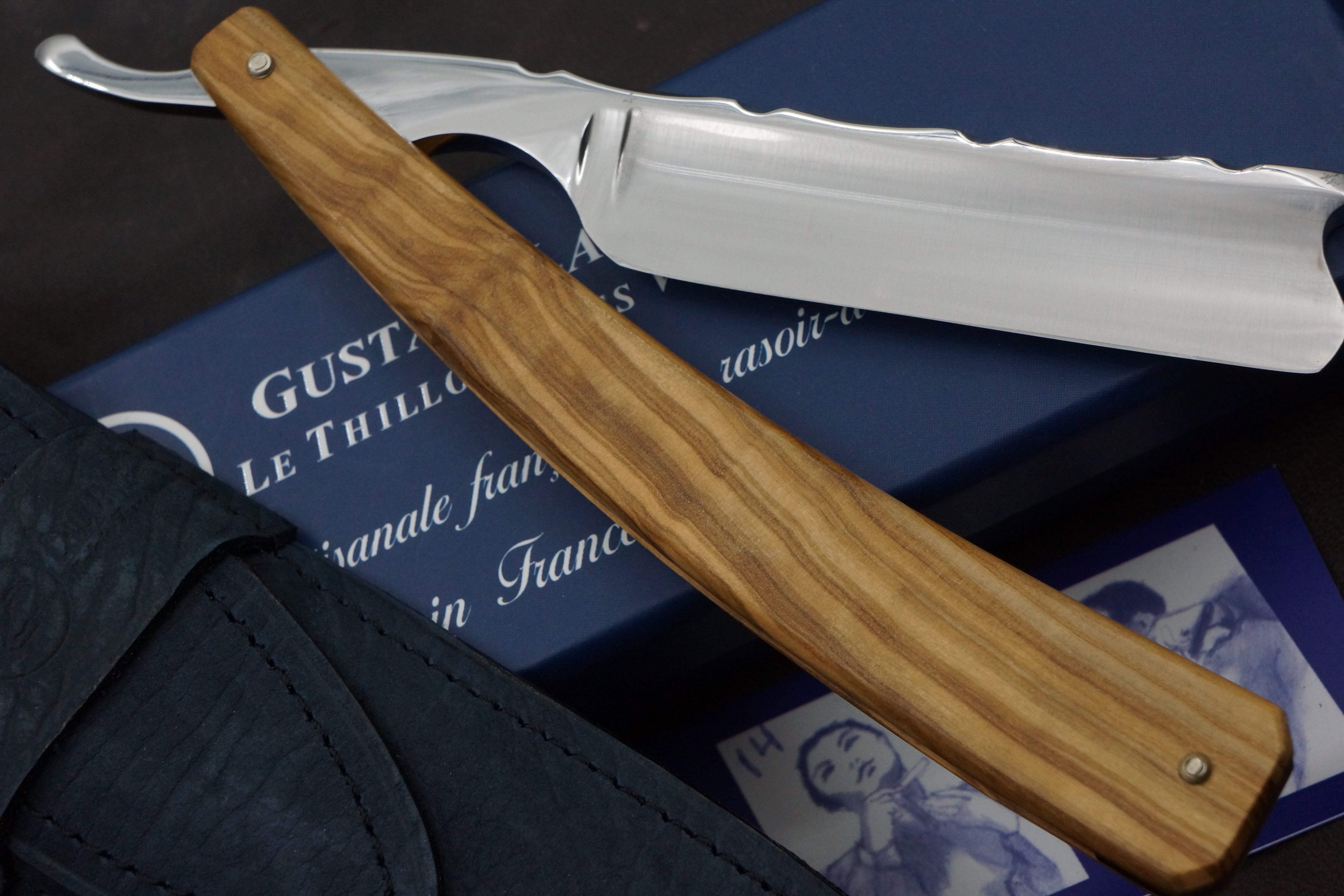 Gustave La Lune 6/8 Full Hollow Fancy Blade with Olivewood Scales - Excellent Preowned French Straight Razor - Shave Ready