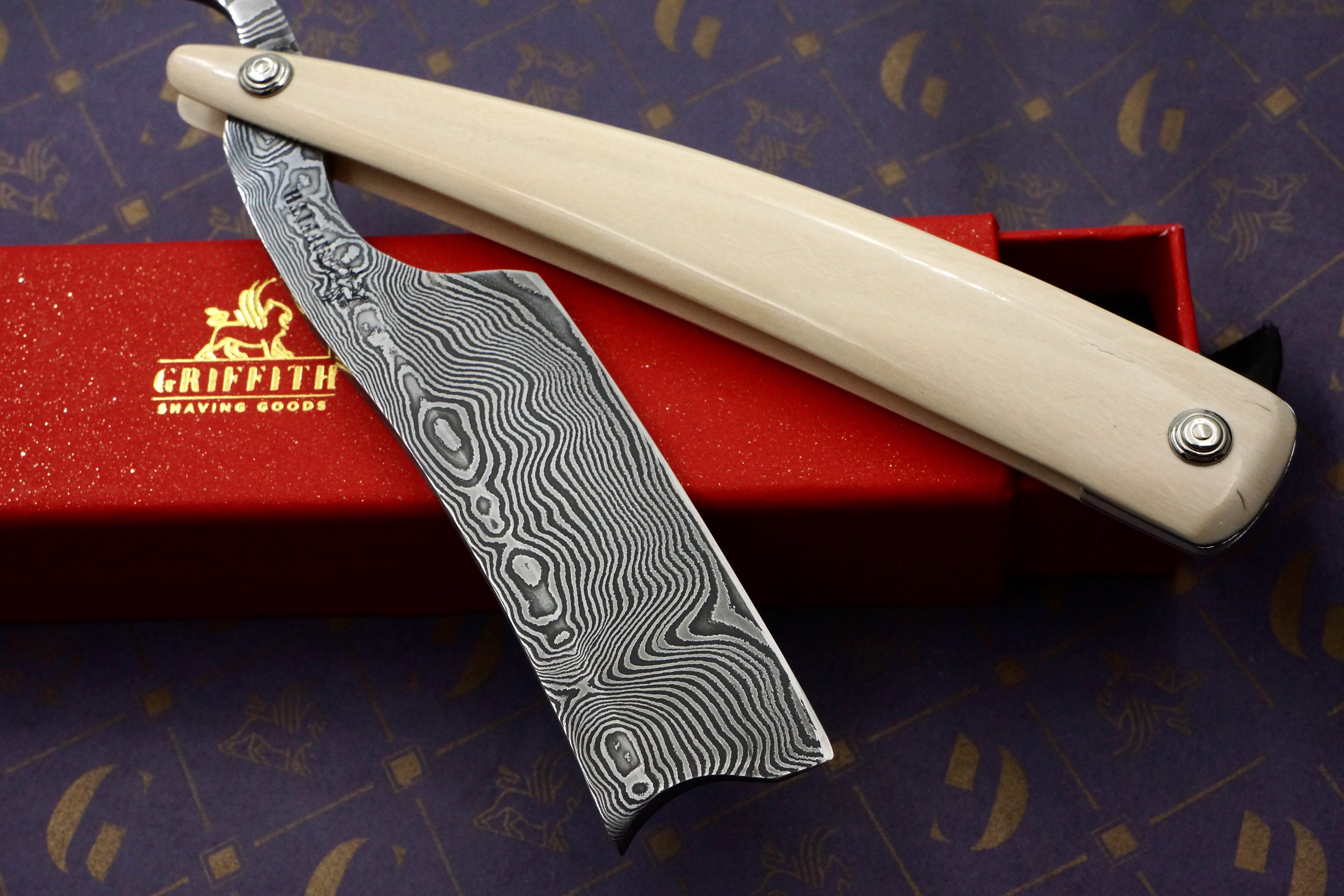 Griffith 9/8 Damascus Quarter Hollow - Mammoth Ivory Scales Artisan Straight Razor