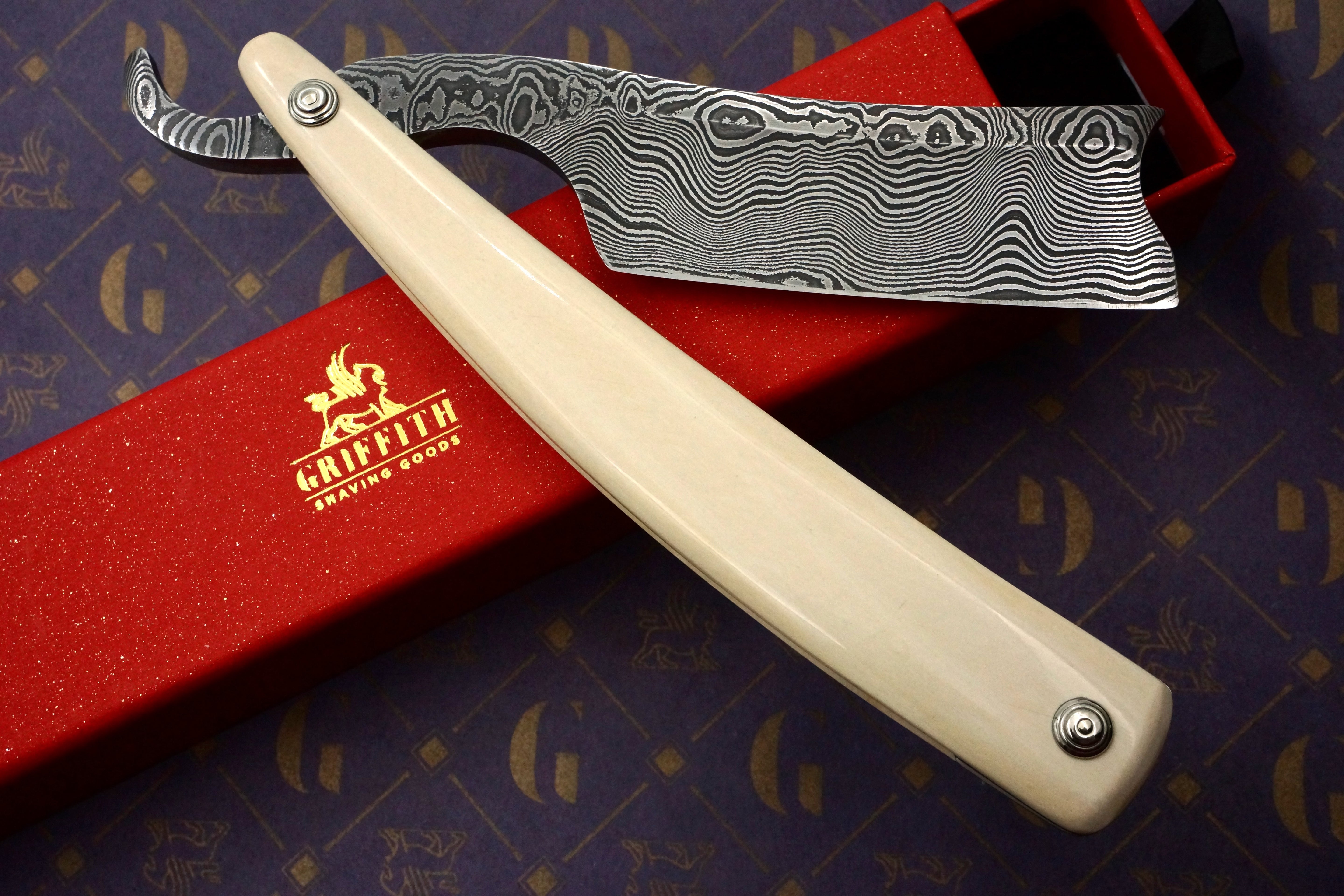 Griffith 9/8 Damascus Quarter Hollow - Mammoth Ivory Scales Artisan Straight Razor