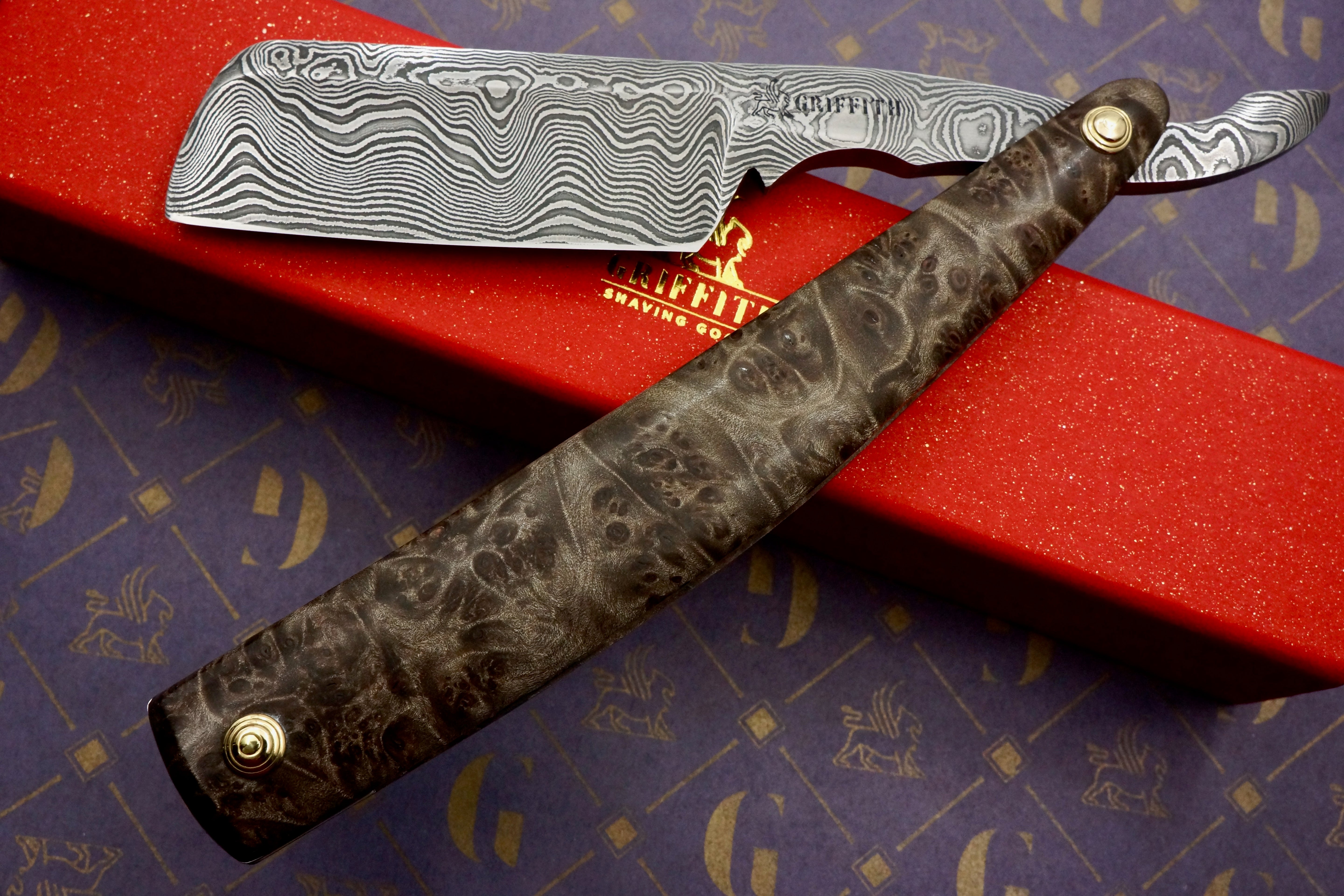 Griffith 9/8 Damascus Quarter Hollow - Amboyna Burl Scales Artisan Straight Razor