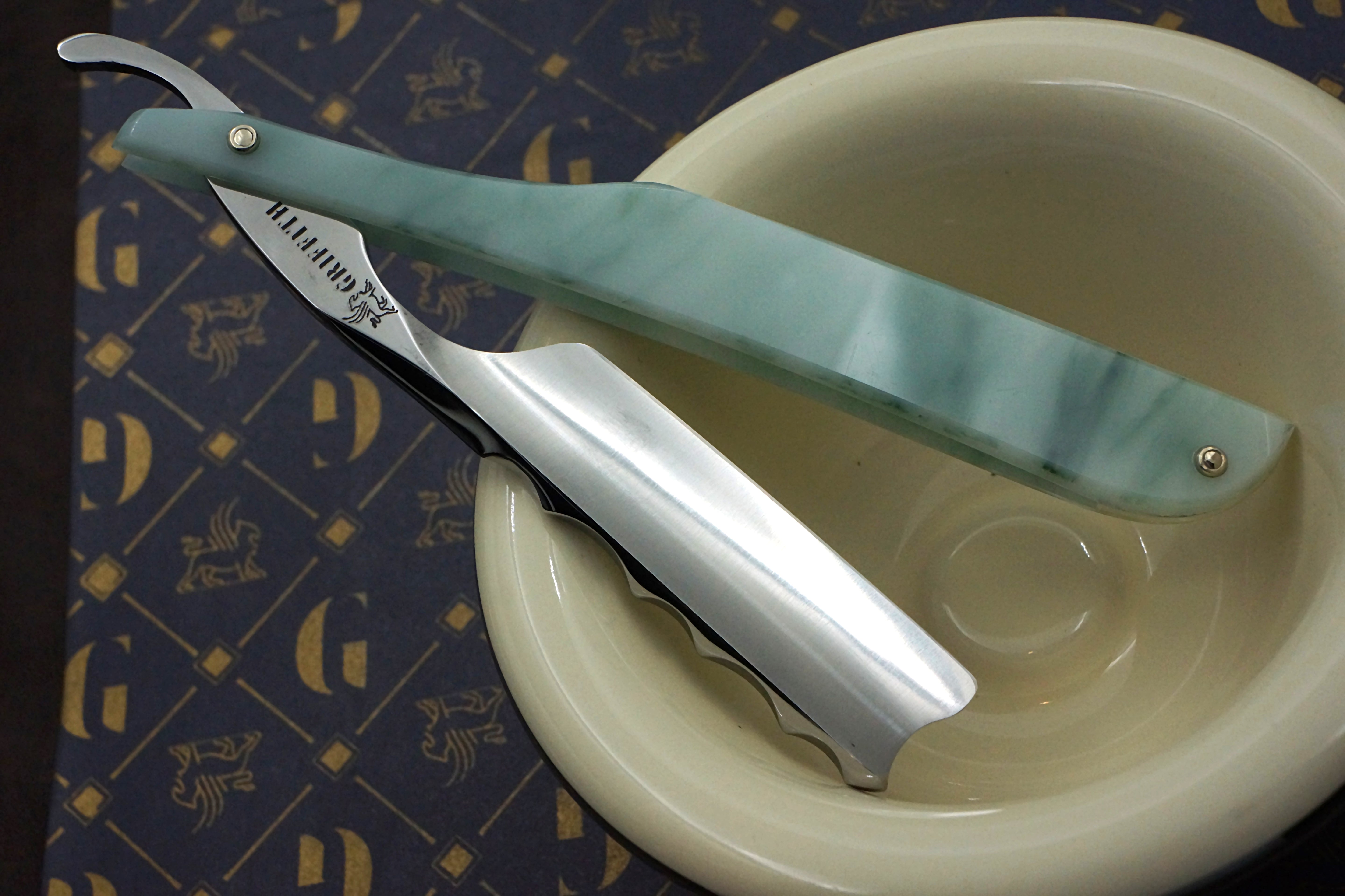 Griffith 13/16 Silver Steel Full Hollow Worked Spine Blade - Emerald Quartz Acrylic Scales Artisan Straight Razor - Shave Ready