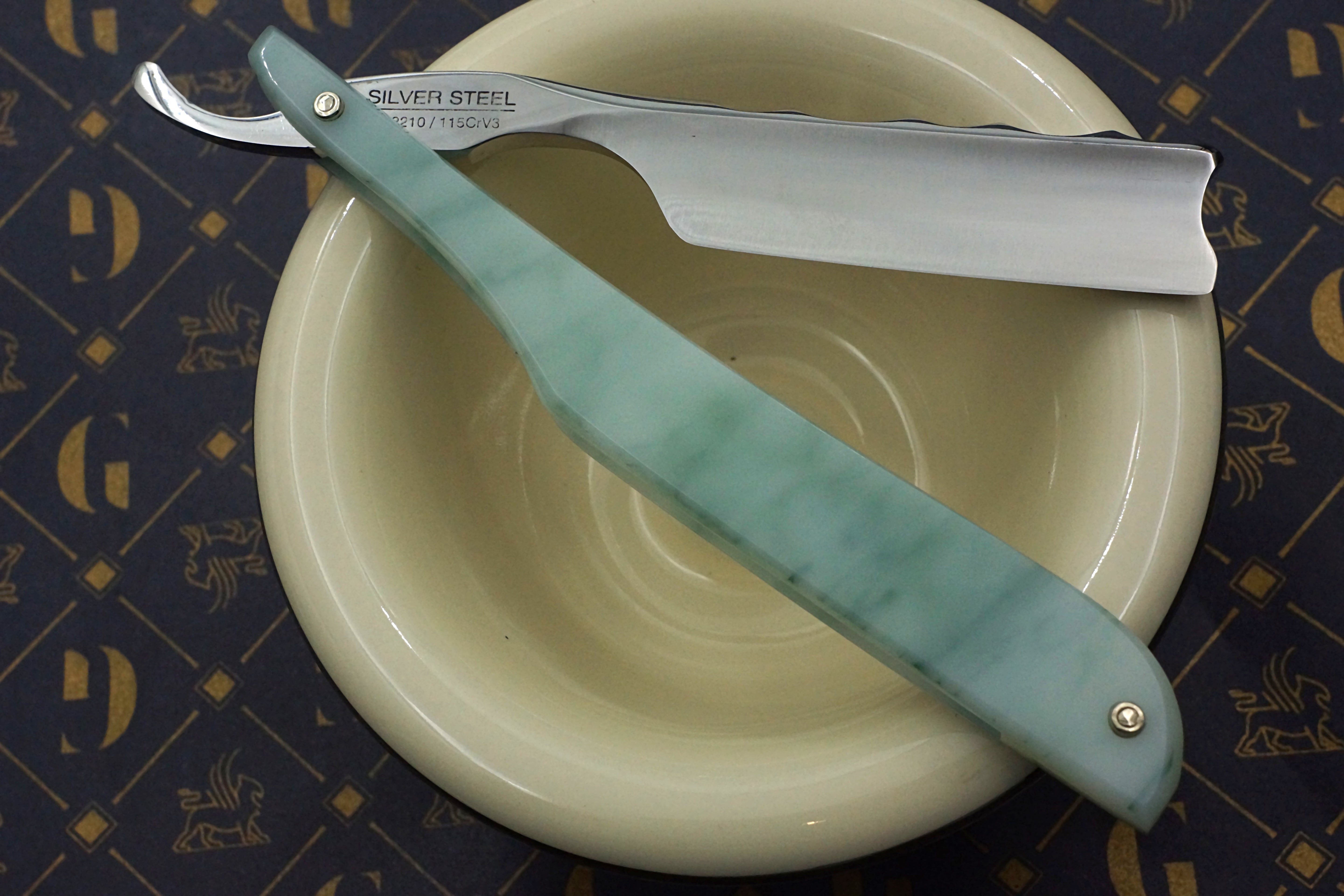Griffith 13/16 Silver Steel Full Hollow Worked Spine Blade - Emerald Quartz Acrylic Scales Artisan Straight Razor - Shave Ready