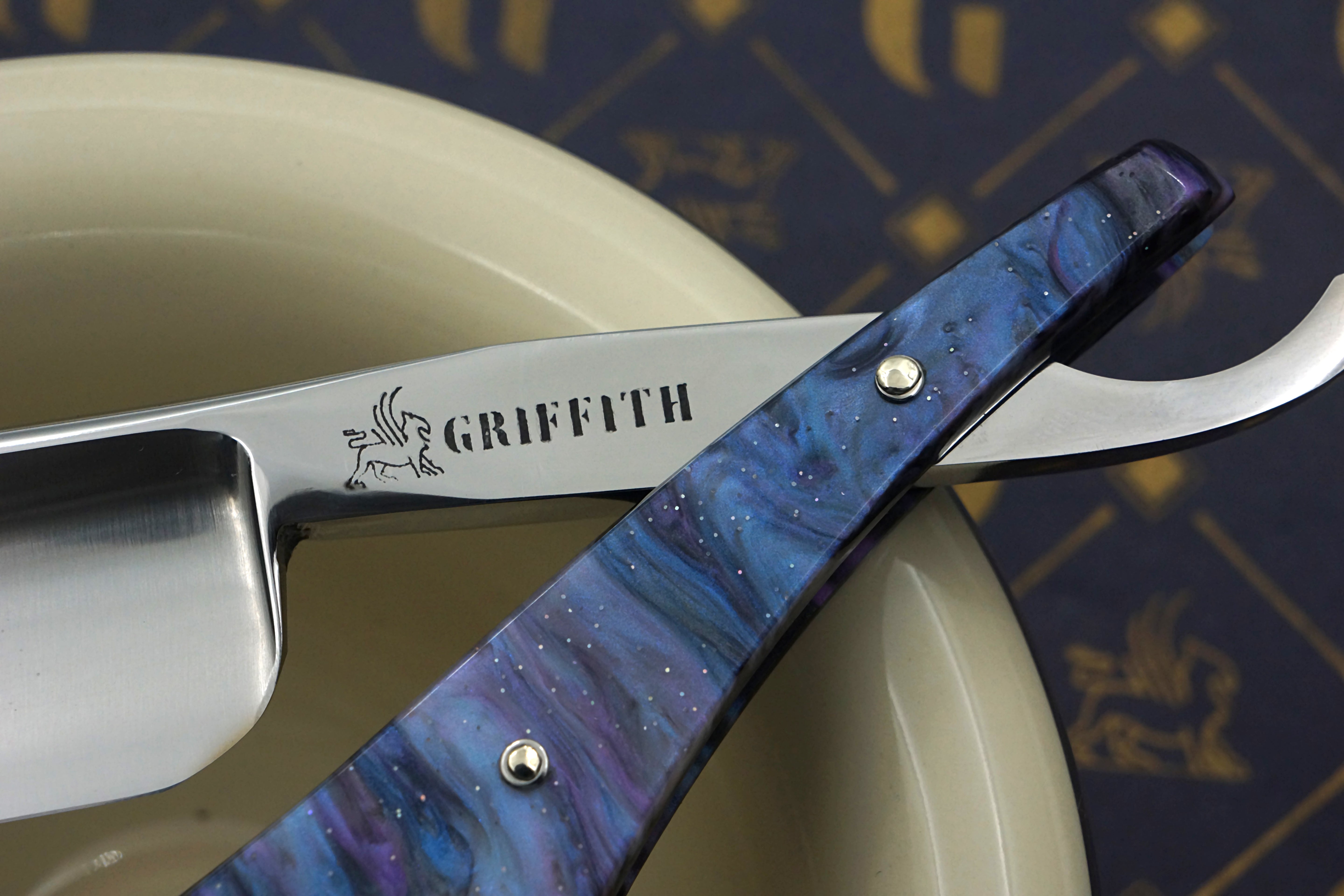 Griffith 15/16 Stainless Steel Full Hollow Blade - Purple Starry Sky Wing Scales Artisan Straight Razor
