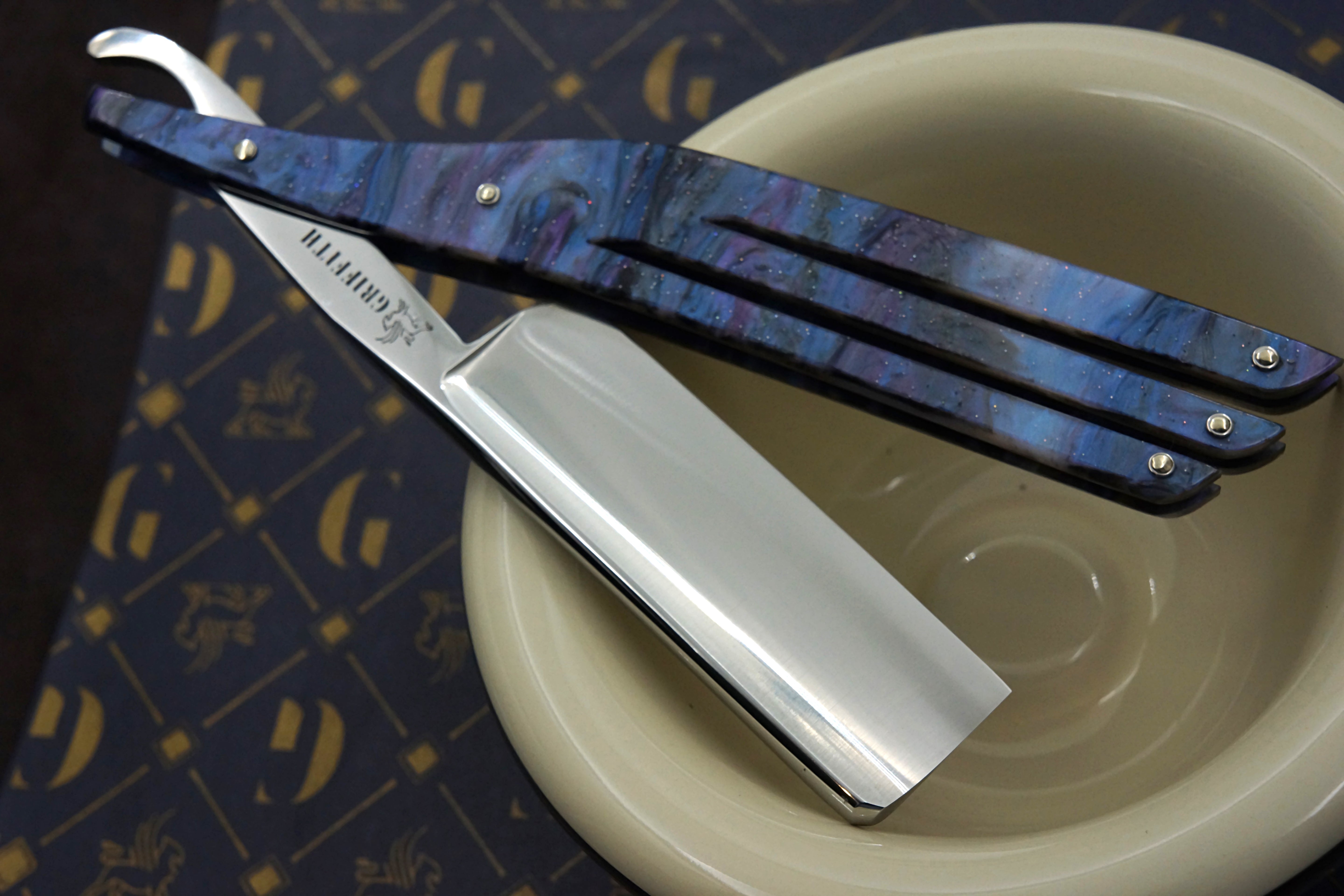 Griffith 15/16 Stainless Steel Full Hollow Blade - Purple Starry Sky Wing Scales Artisan Straight Razor