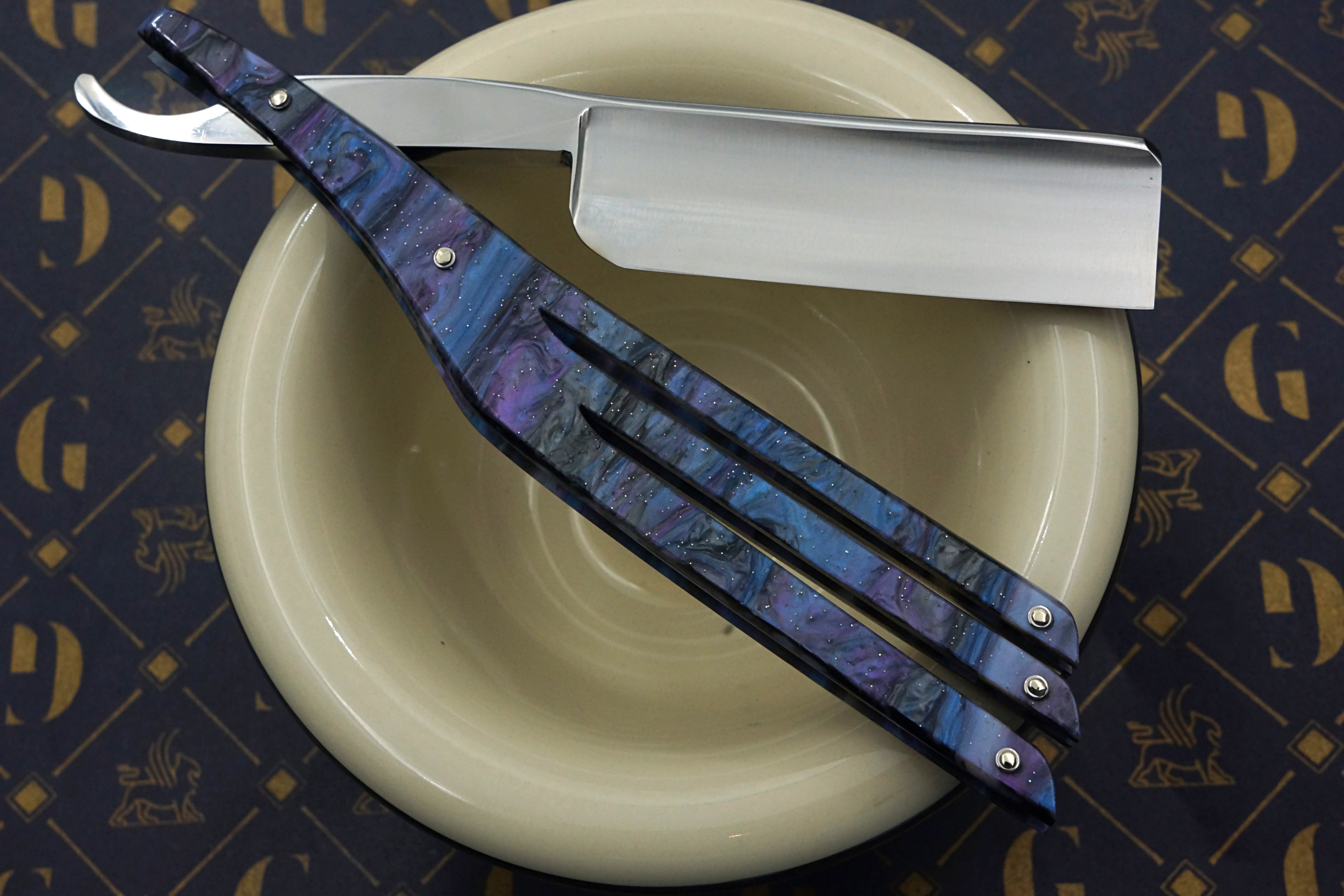 Griffith 15/16 Stainless Steel Full Hollow Blade - Purple Starry Sky Wing Scales Artisan Straight Razor