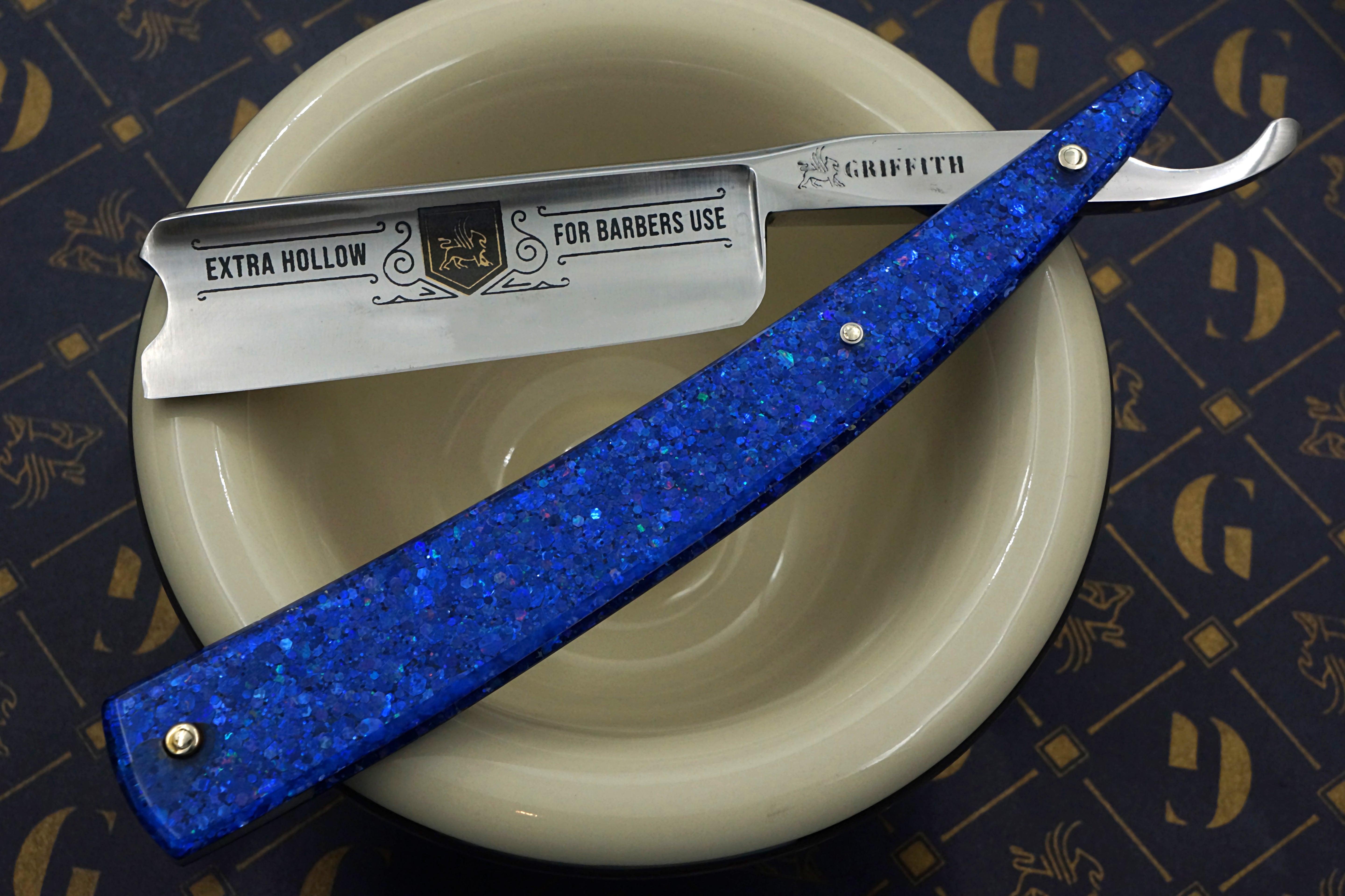 Griffith 8/8 Silver Steel Extra Hollow Etched Blade - Leviathan Sparkle Acrylic Scales Artisan Straight Razor - Shave Ready
