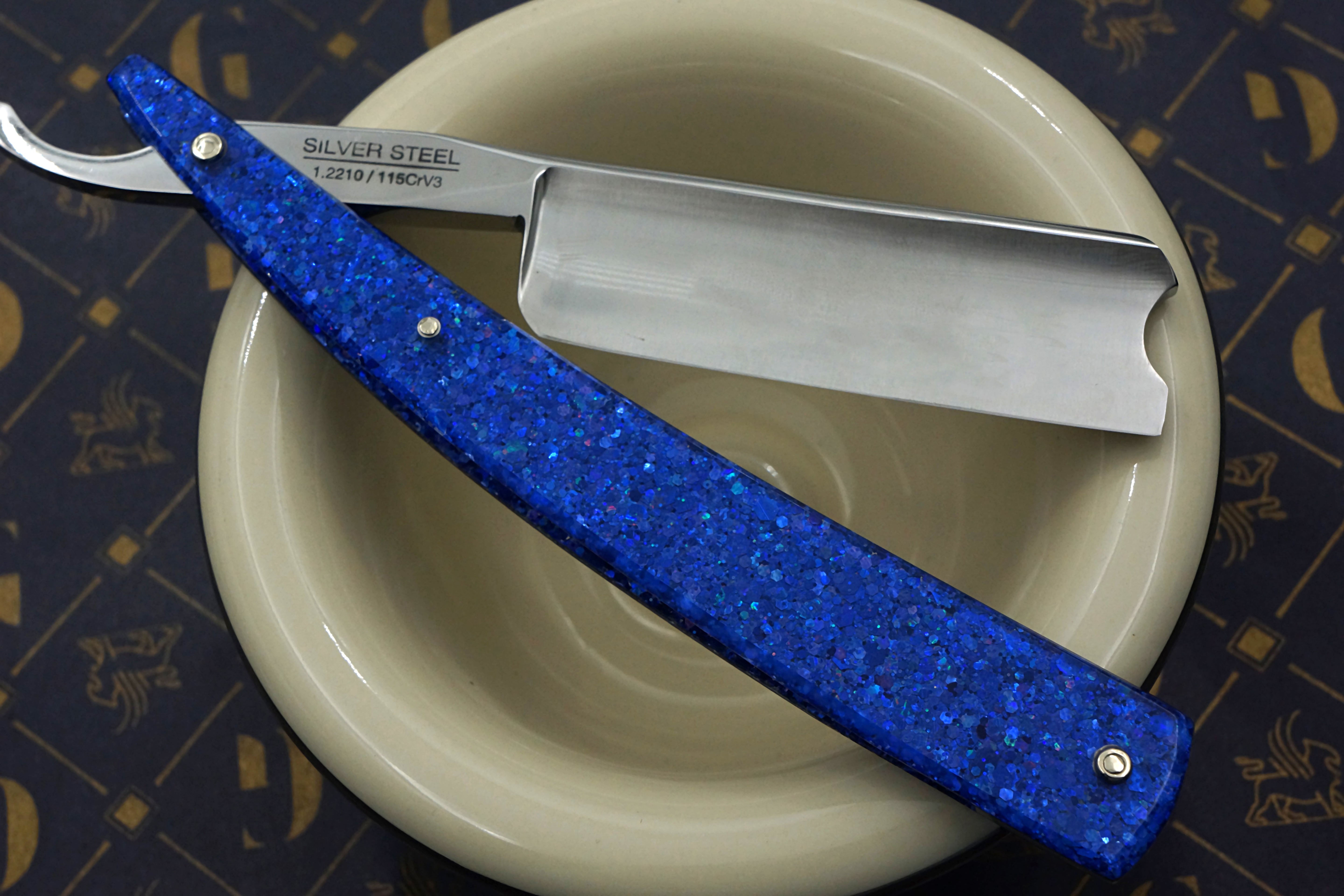 Griffith 8/8 Silver Steel Extra Hollow Etched Blade - Leviathan Sparkle Acrylic Scales Artisan Straight Razor - Shave Ready