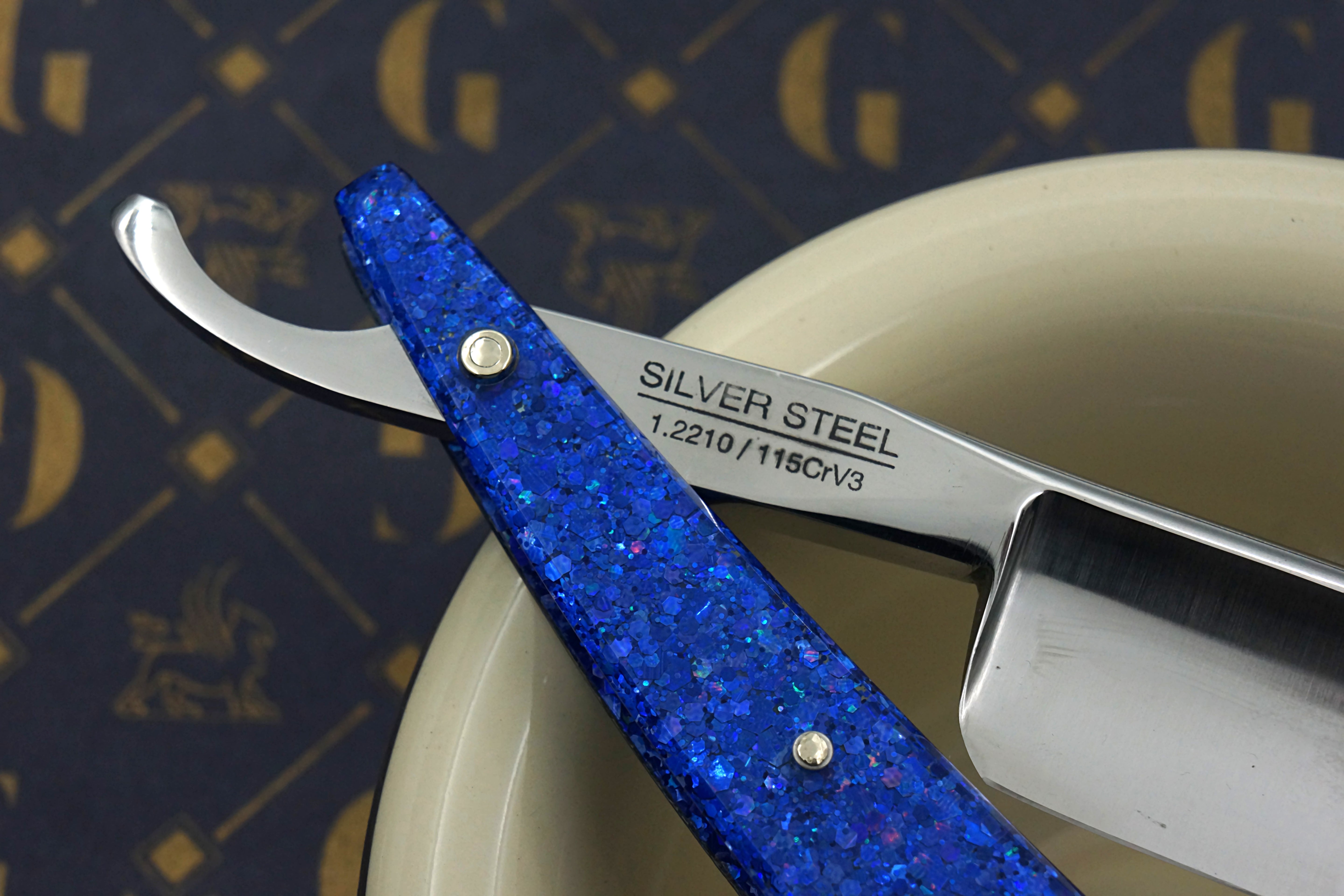 Griffith 8/8 Silver Steel Extra Hollow Etched Blade - Leviathan Sparkle Acrylic Scales Artisan Straight Razor - Shave Ready