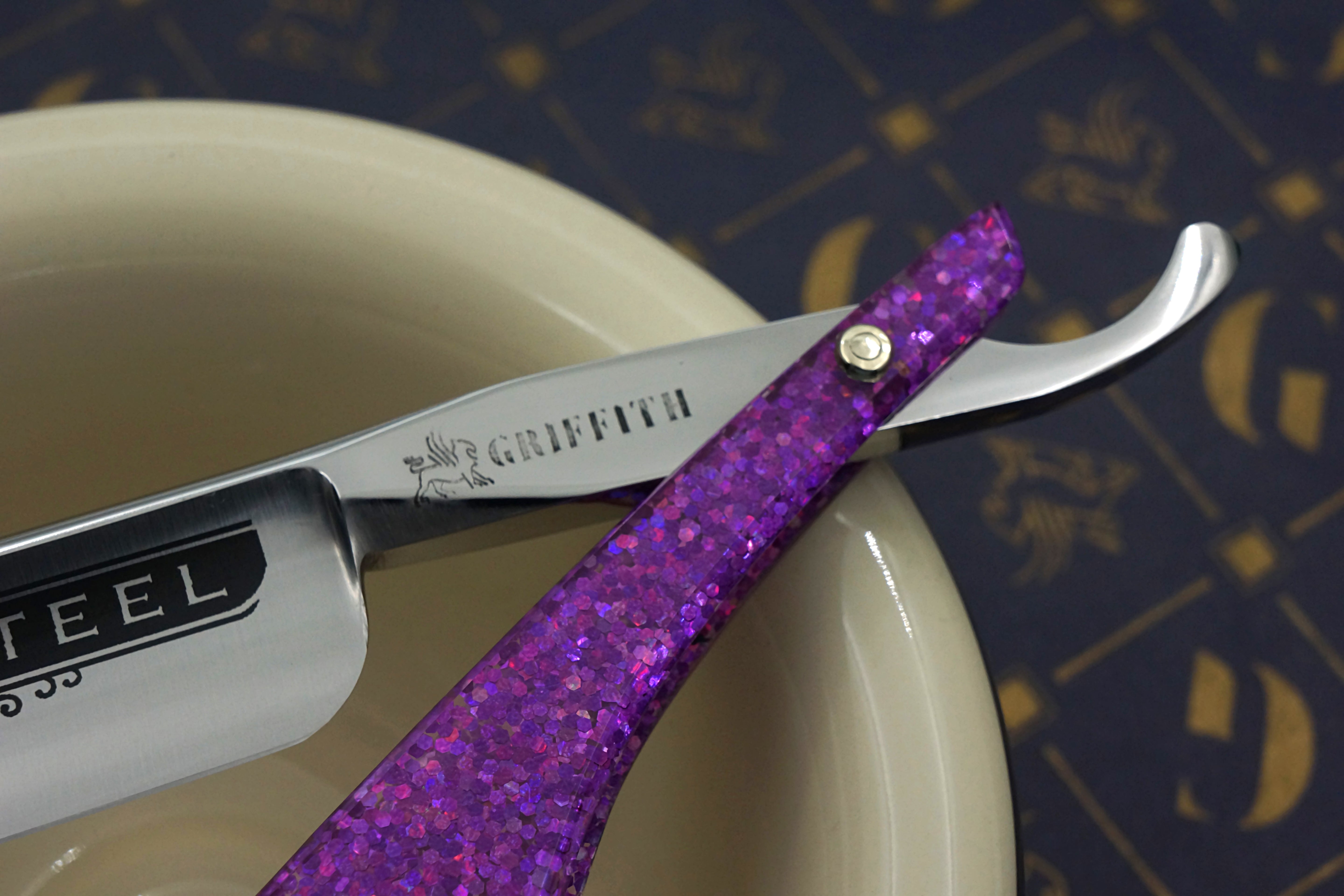 Griffith 13/16 Silver Steel Full Hollow Etched Blade - Dragon Sparkle Scales Artisan Straight Razor - Shave Ready