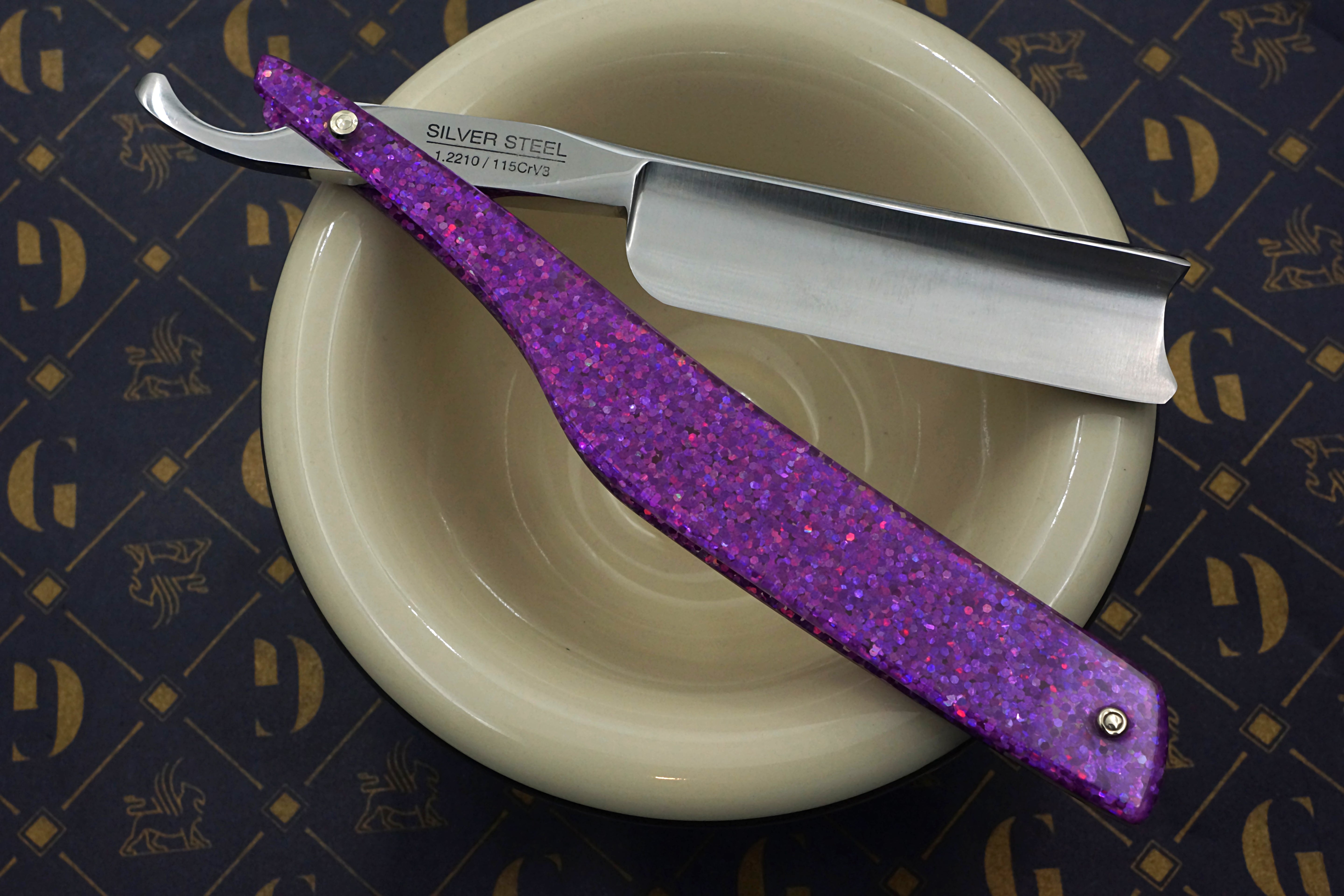 Griffith 13/16 Silver Steel Full Hollow Etched Blade - Dragon Sparkle Scales Artisan Straight Razor - Shave Ready