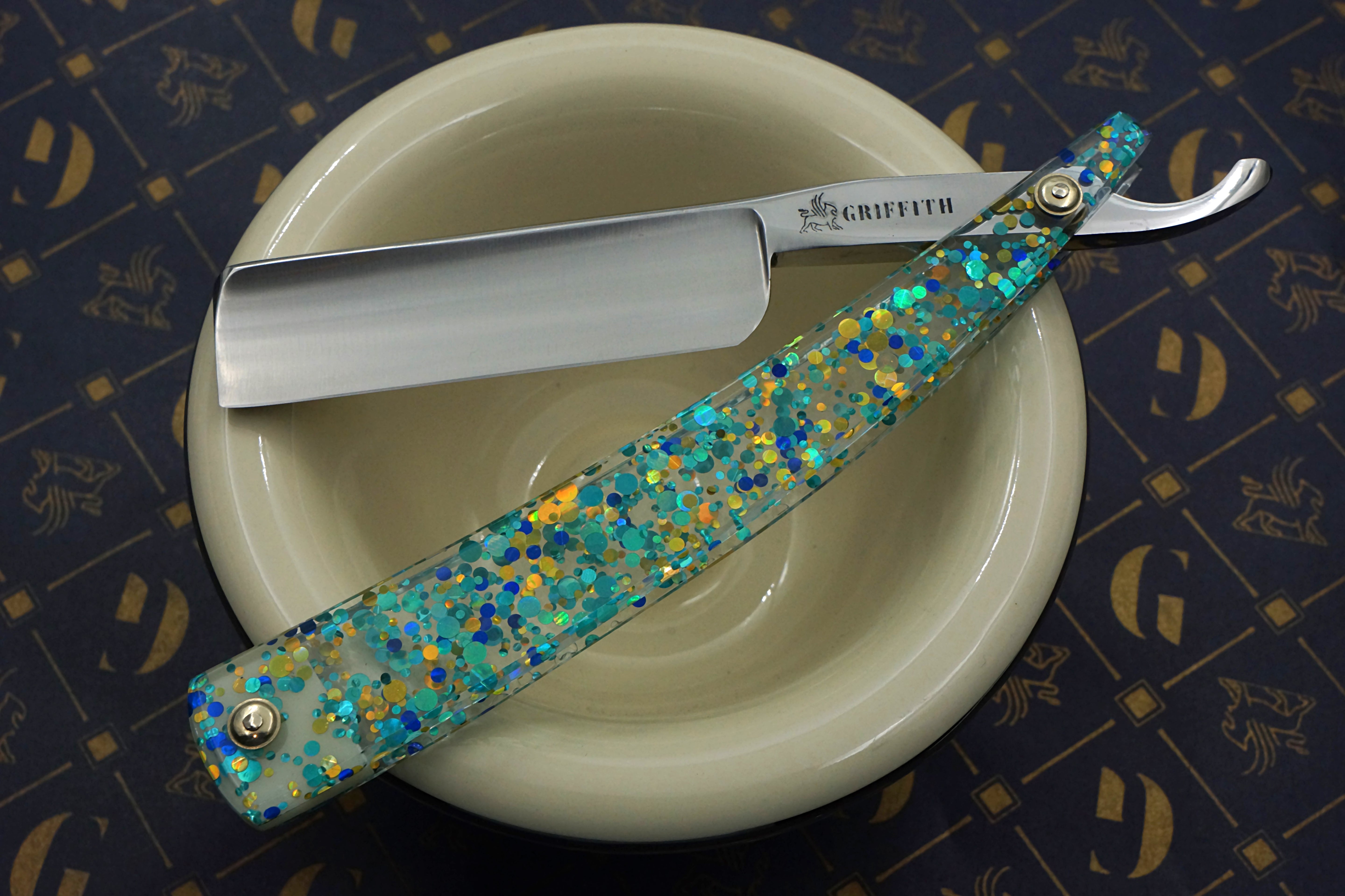 Griffith 13/16 Silver Steel Full Hollow Blade - Teal Dots and Glitter Acrylic Scales Artisan Straight Razor - Shave Ready
