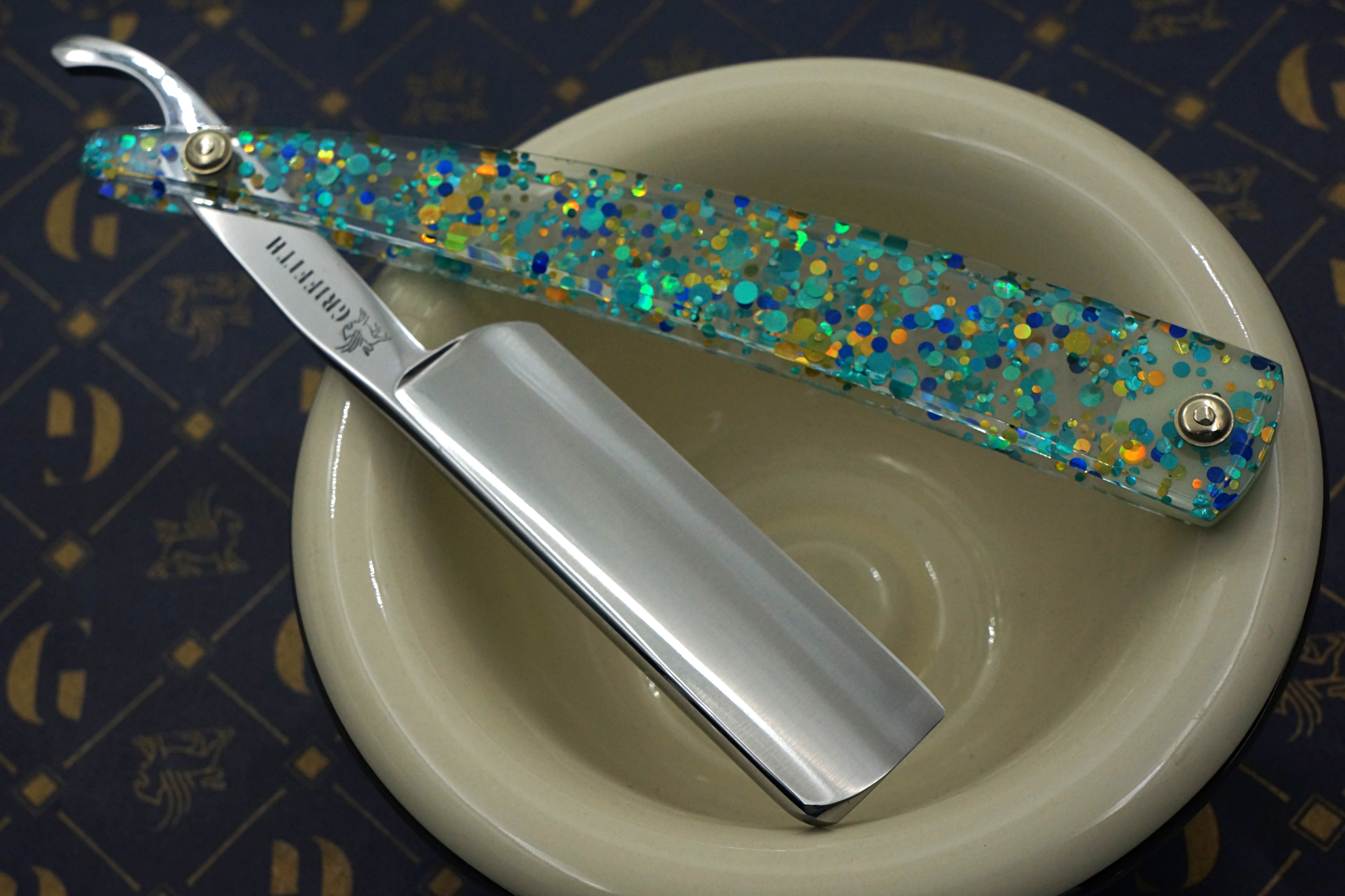 Griffith 13/16 Silver Steel Full Hollow Blade - Teal Dots and Glitter Acrylic Scales Artisan Straight Razor - Shave Ready