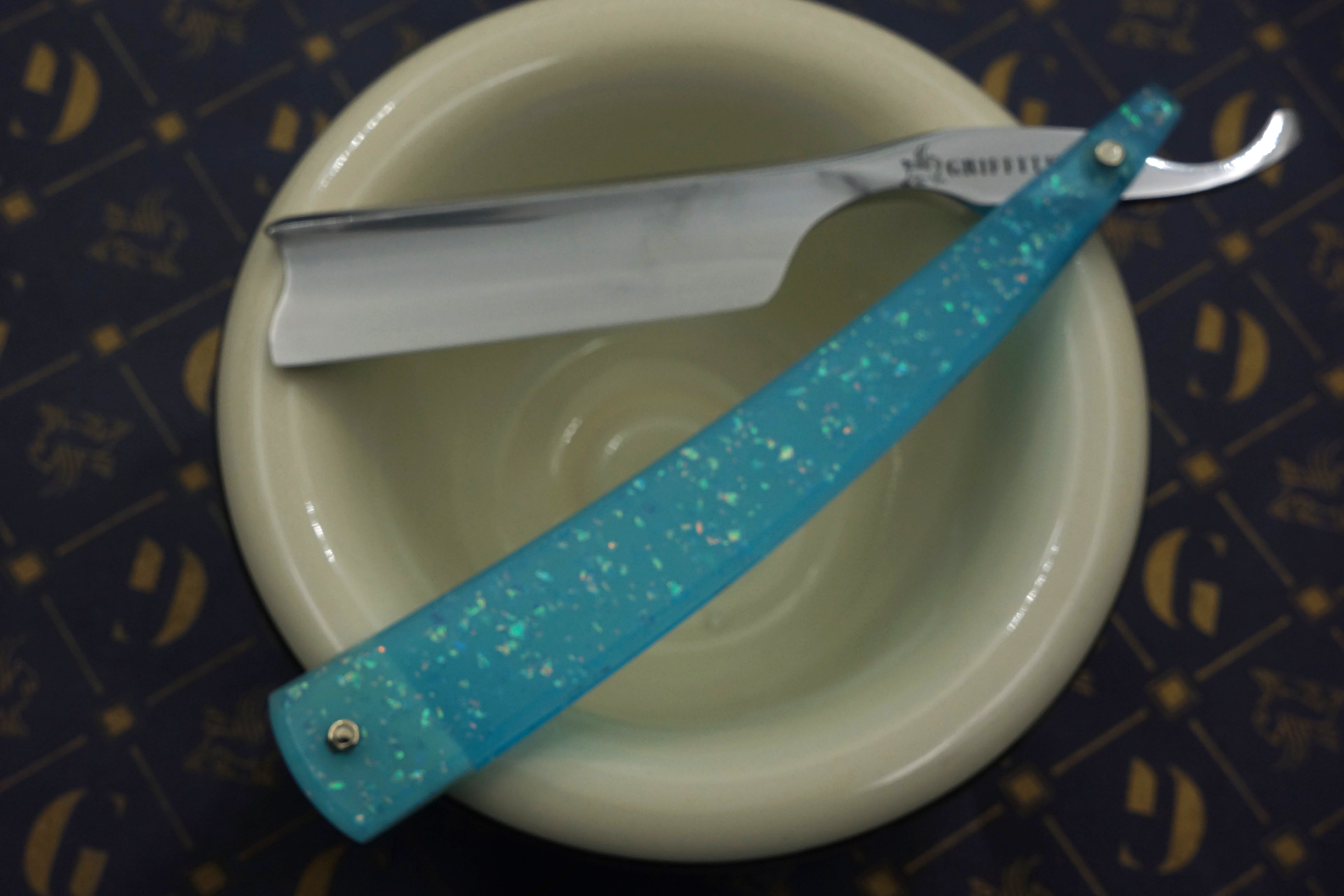 Griffith 13/16 Silver Steel Full Hollow Blade - Neon Blue Crackle Acrylic Scales Artisan Straight Razor - Shave Ready