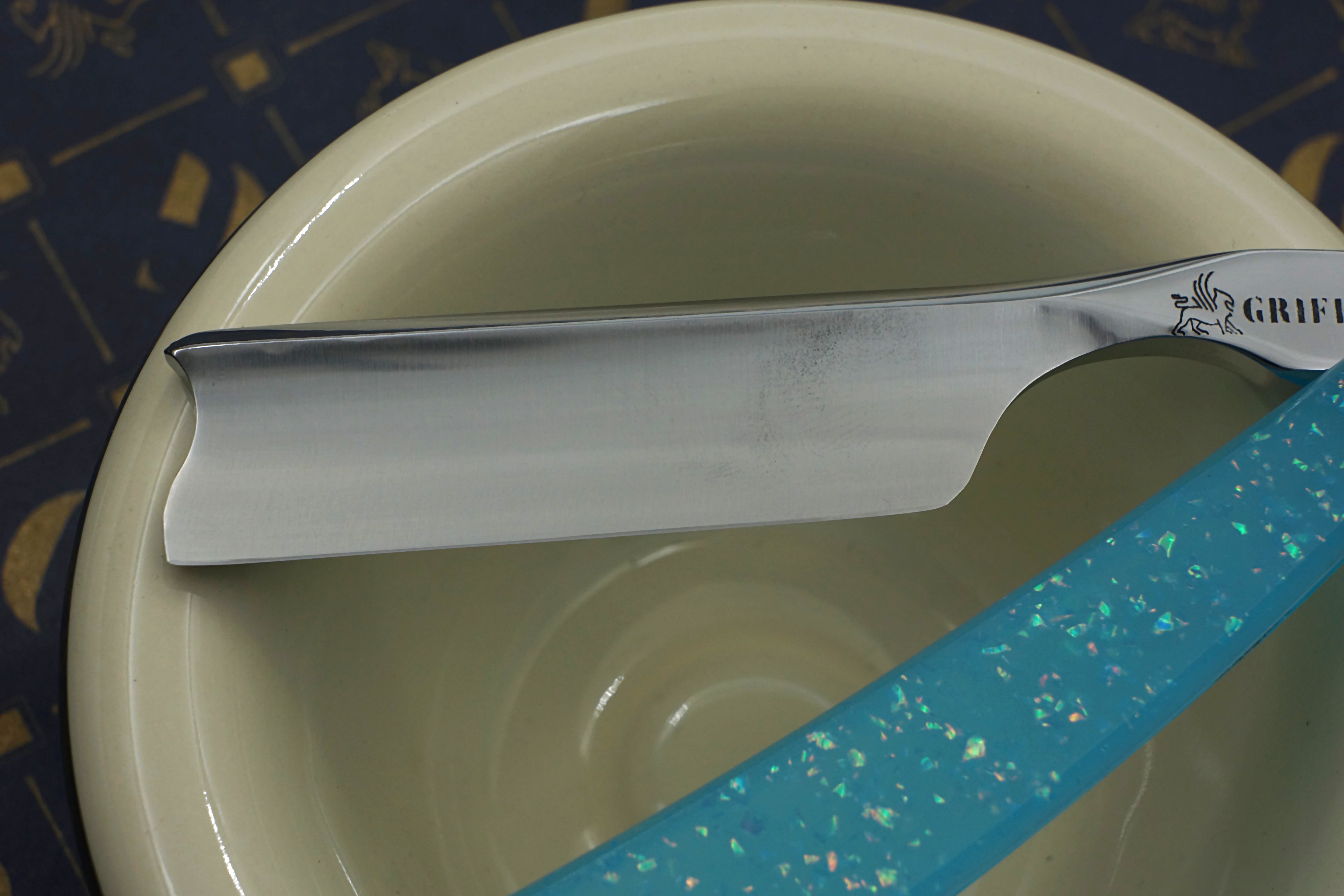 Griffith 13/16 Silver Steel Full Hollow Blade - Neon Blue Crackle Acrylic Scales Artisan Straight Razor - Shave Ready