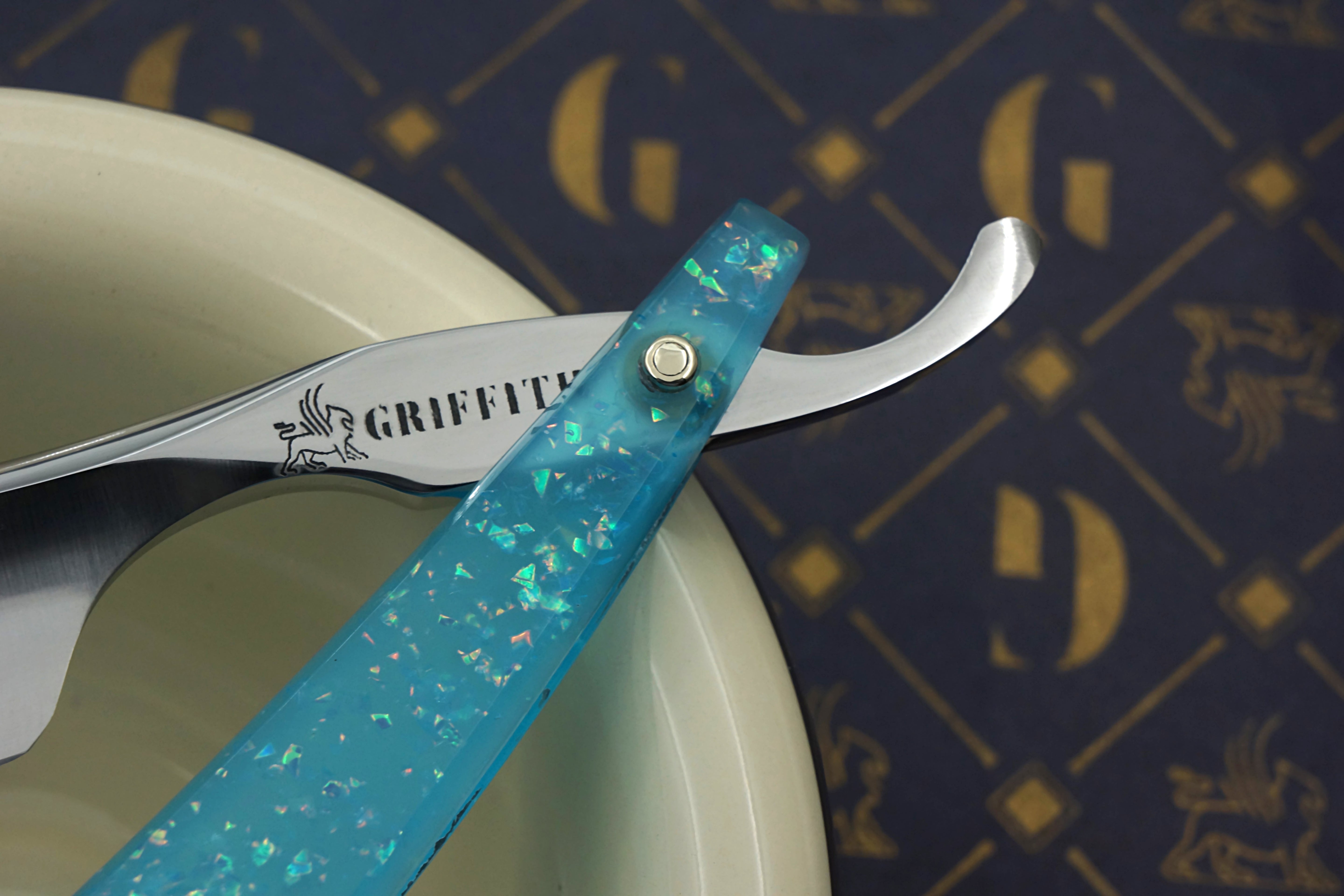 Griffith 13/16 Silver Steel Full Hollow Blade - Neon Blue Crackle Acrylic Scales Artisan Straight Razor - Shave Ready