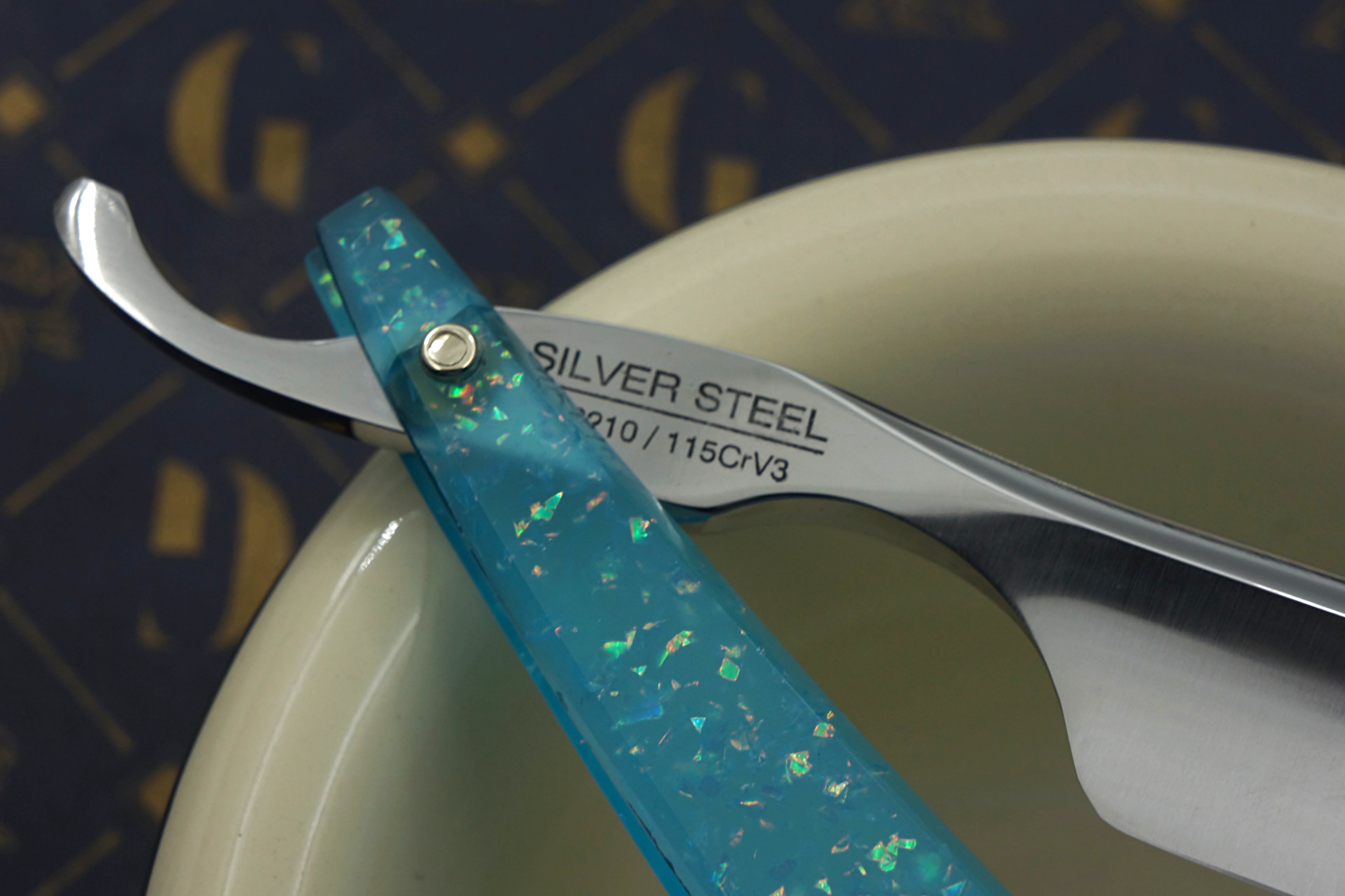 Griffith 13/16 Silver Steel Full Hollow Blade - Neon Blue Crackle Acrylic Scales Artisan Straight Razor - Shave Ready