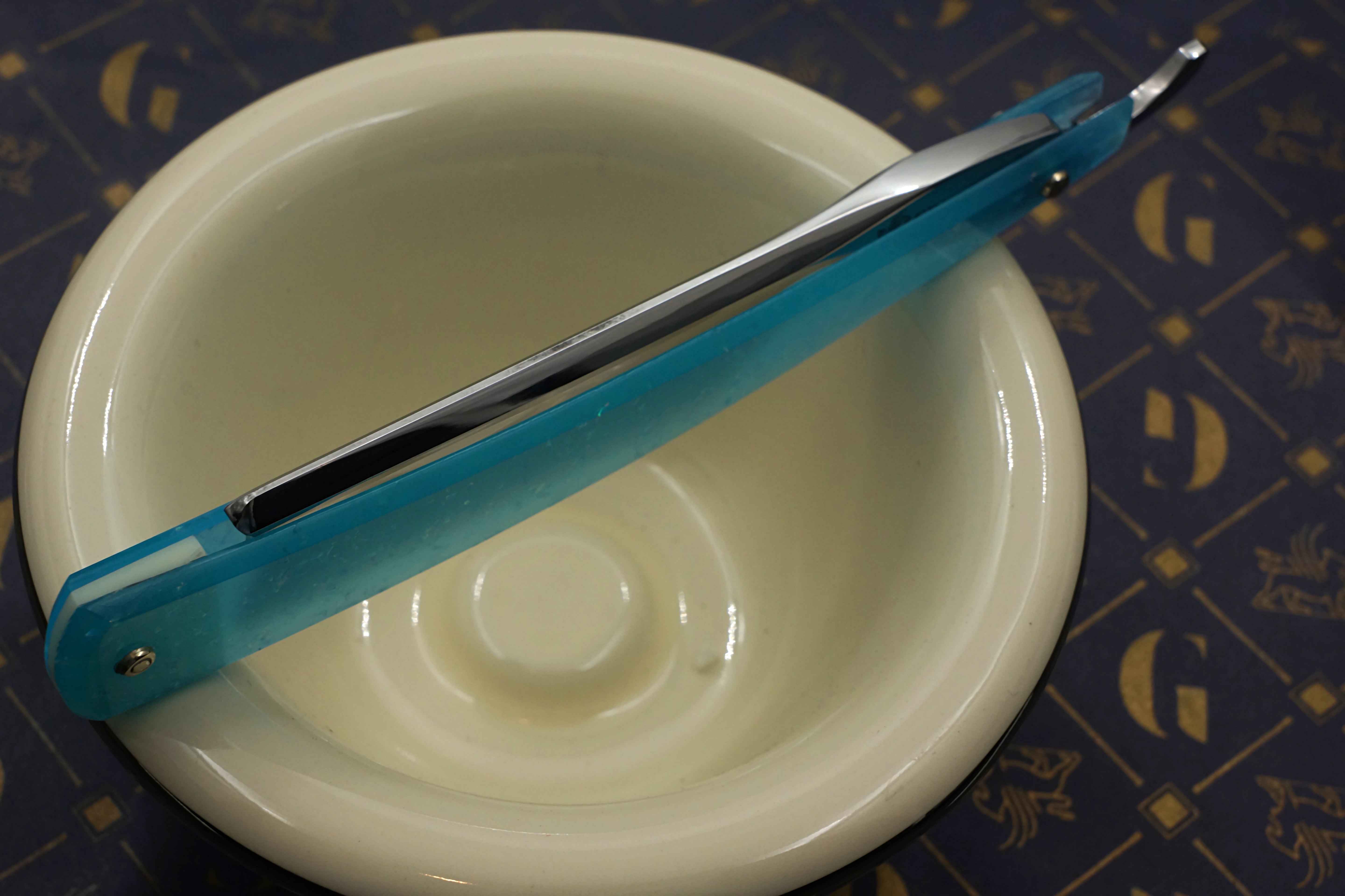 Griffith 13/16 Silver Steel Full Hollow Blade - Neon Blue Crackle Acrylic Scales Artisan Straight Razor - Shave Ready
