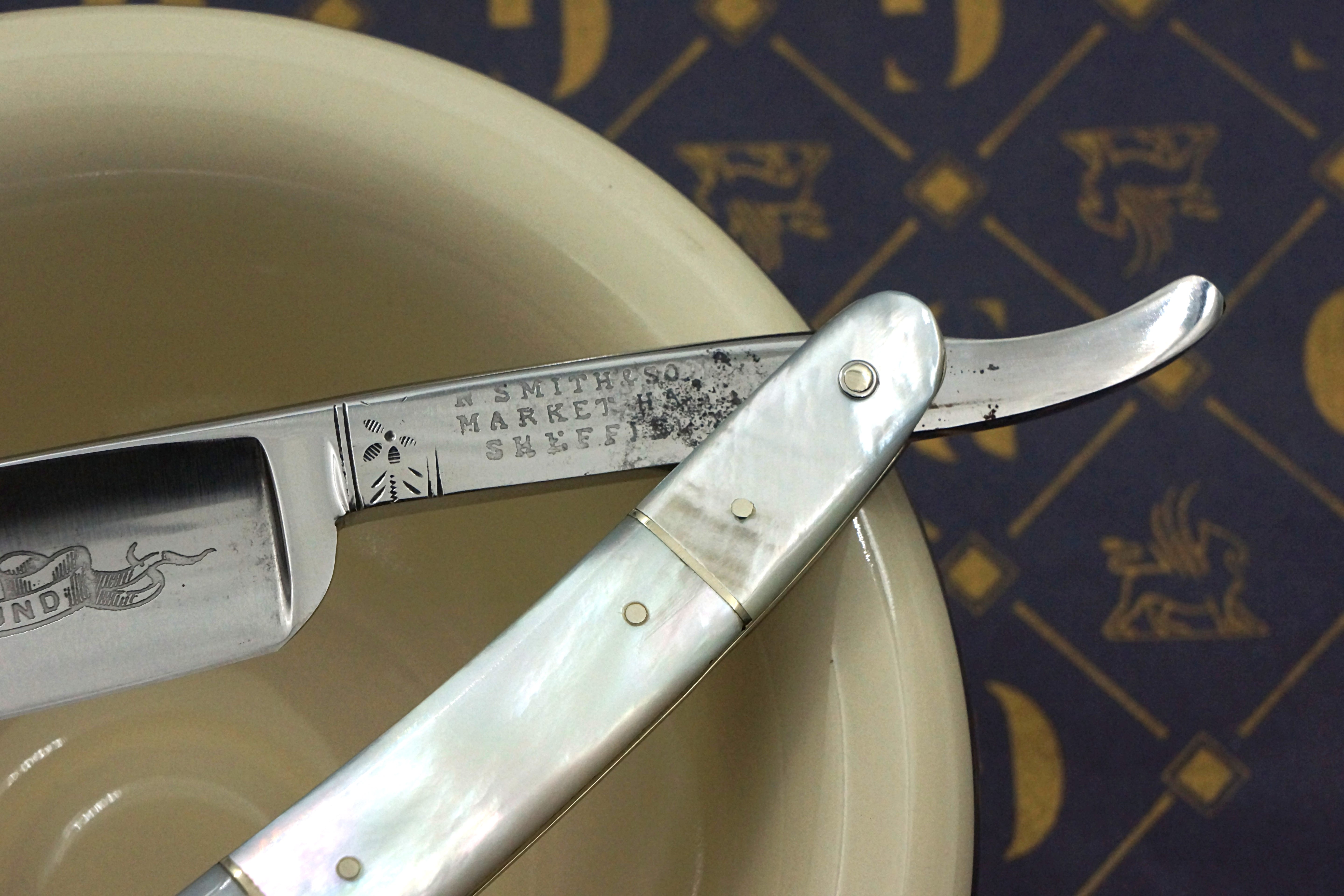 Smith & Son 6/8 - Etched Blade Restored Mother of Pearl Scaled Sheffield Straight Razor - Shave Ready