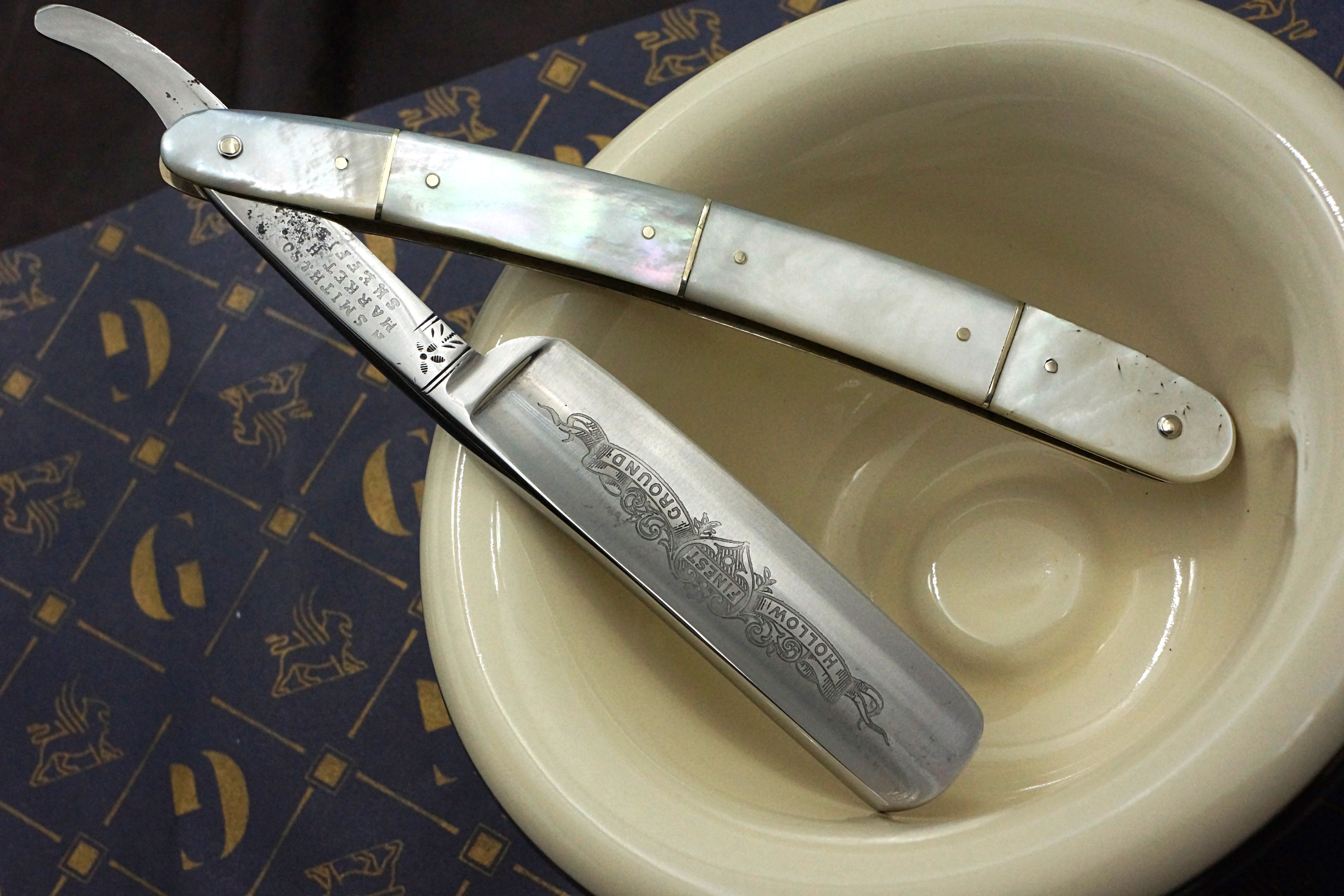 Smith & Son 6/8 - Etched Blade Restored Mother of Pearl Scaled Sheffield Straight Razor - Shave Ready
