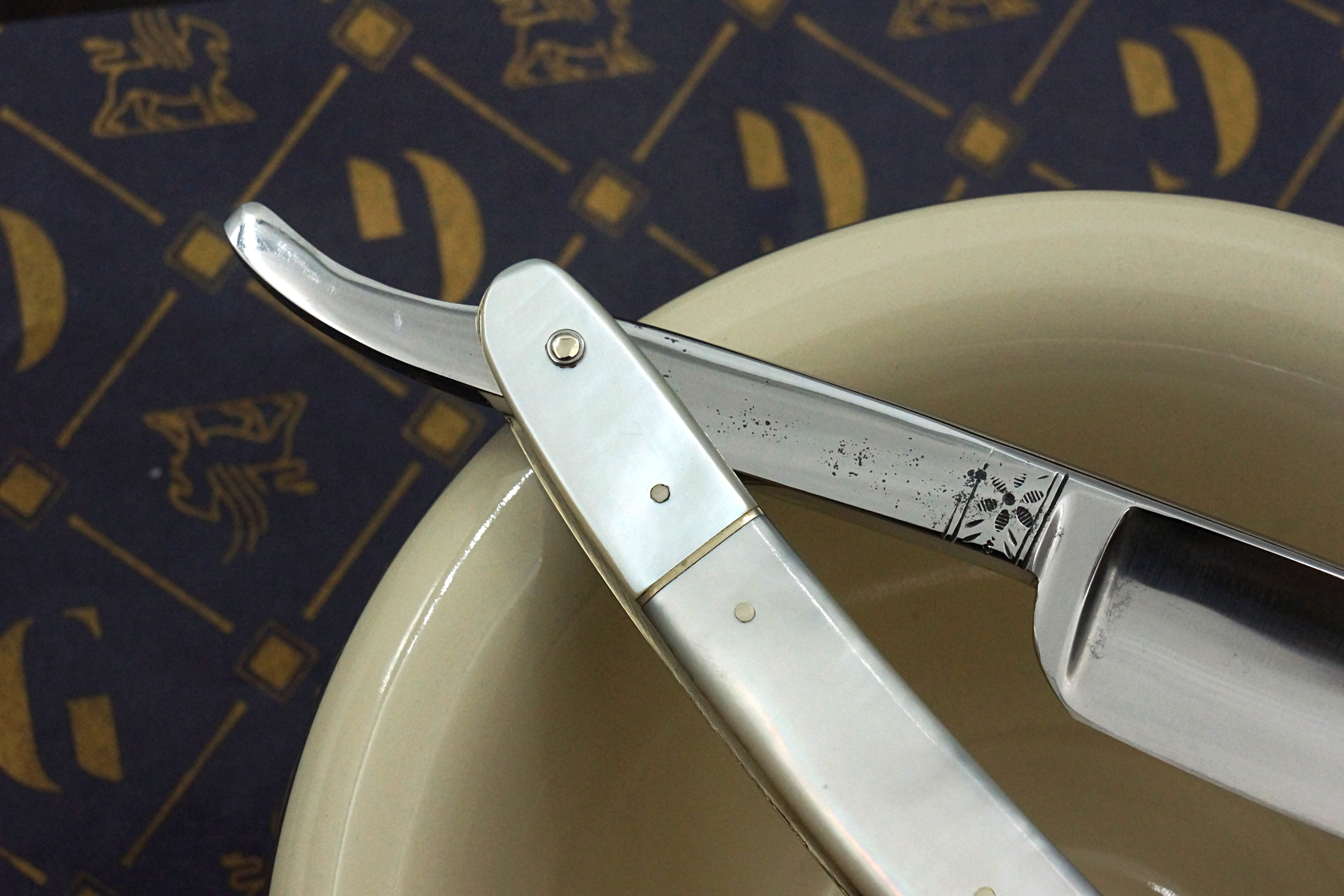 Smith & Son 6/8 - Etched Blade Restored Mother of Pearl Scaled Sheffield Straight Razor - Shave Ready