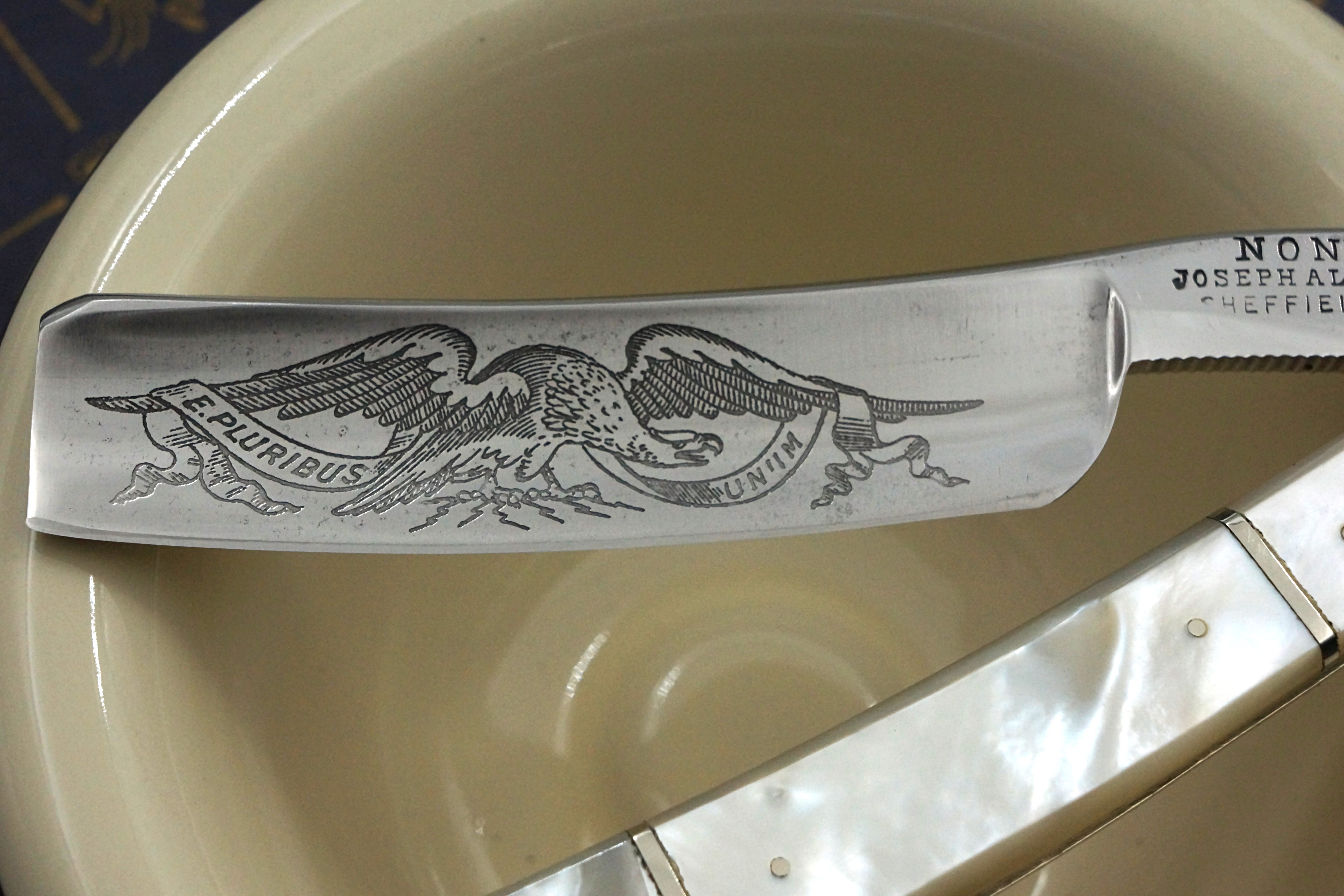 Joseph Allen & Sons 6/8 - "E Pluribus Unum" Eagle Etch Restored Mother of Pearl Scaled Sheffield Straight Razor - Shave Ready