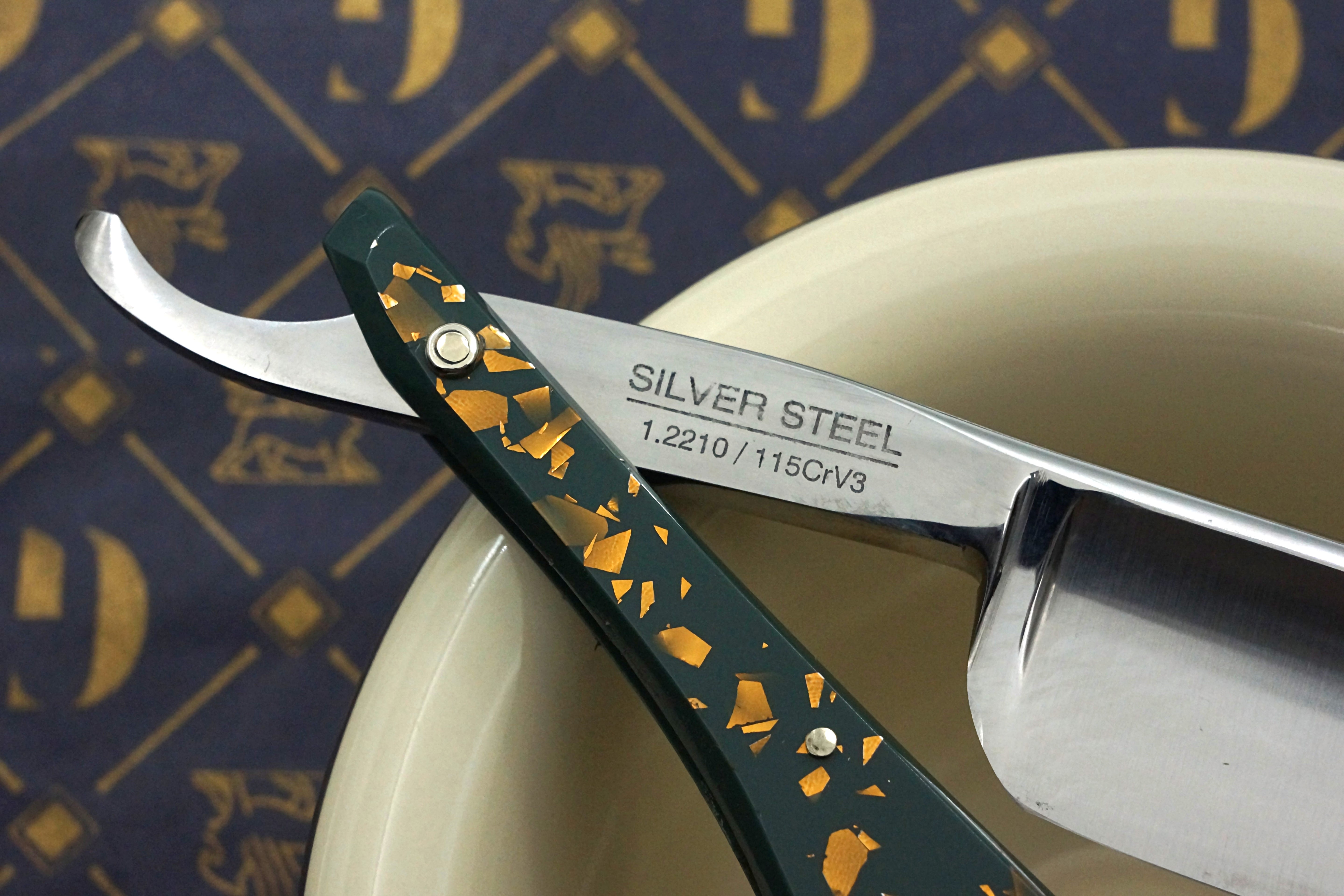 Griffith 8/8 Silver Steel Extra Hollow Etched Blade - Sage Green and Copper Flake Acrylic Scales Artisan Straight Razor - Shave Ready