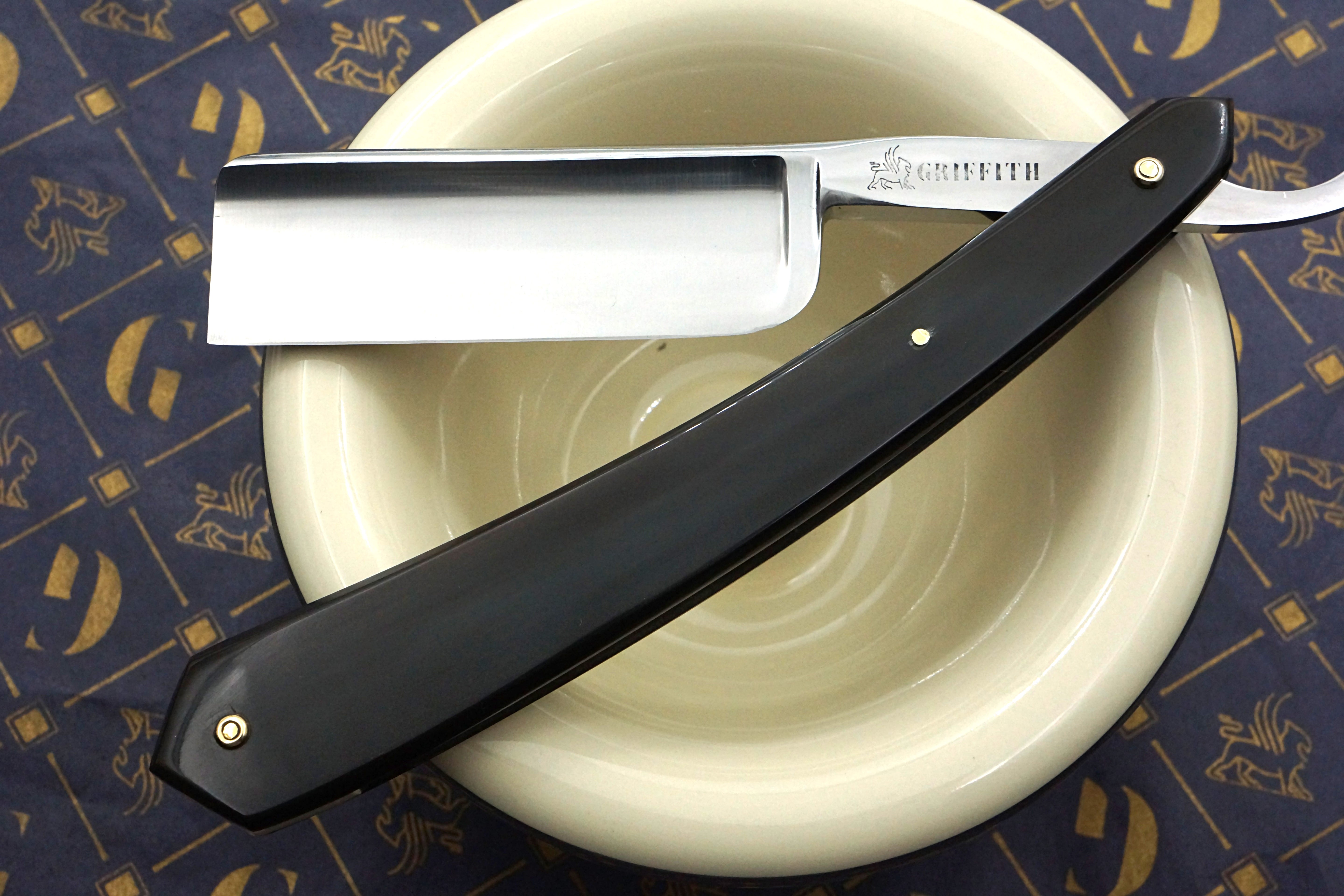 Griffith 8/8 Silver Steel Extra Hollow Blade - Horn Scales Artisan Straight Razor - Shave Ready