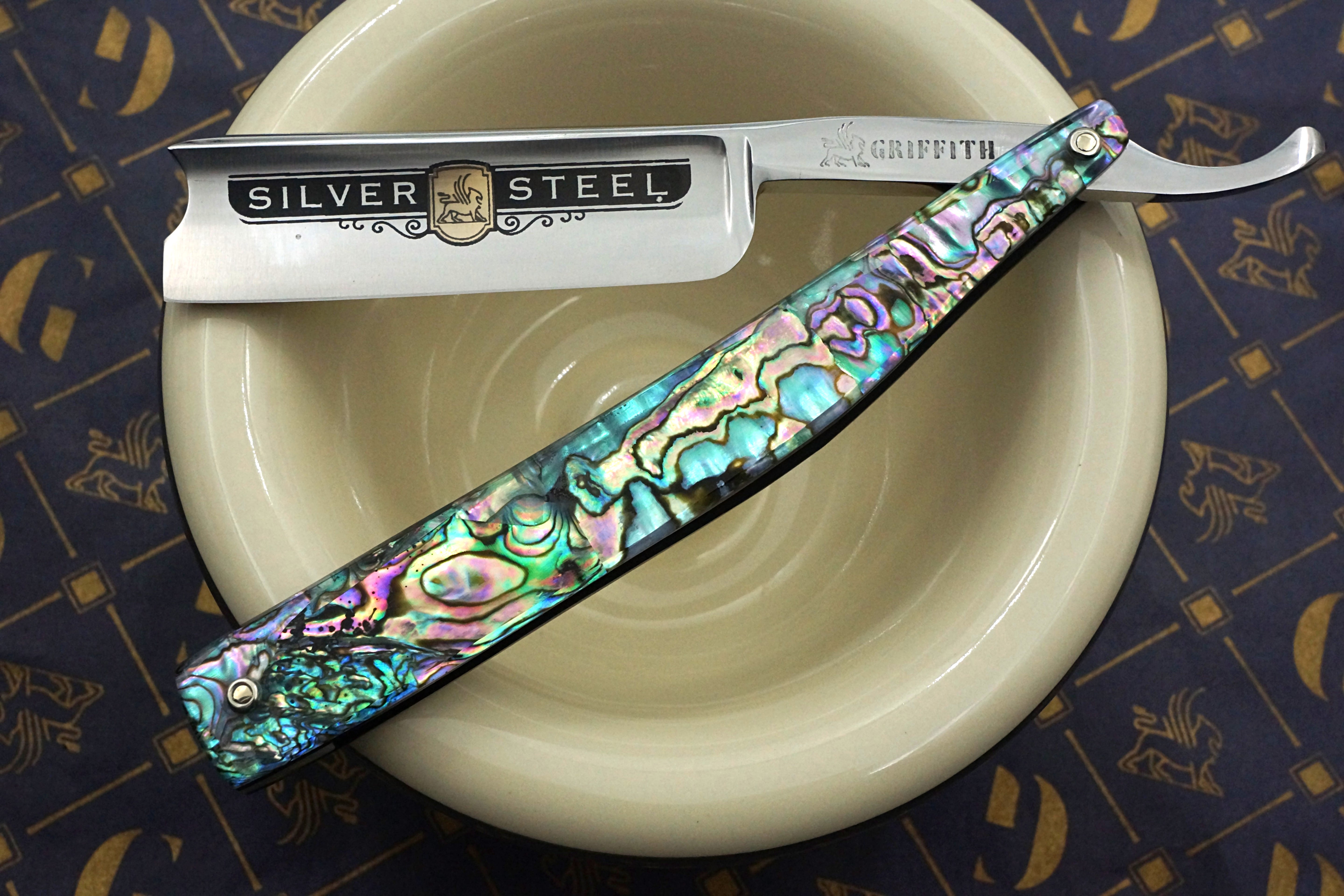 Griffith 13/16 Silver Steel Full Hollow Etched Blade - Abalone Scales Artisan Straight Razor - Shave Ready