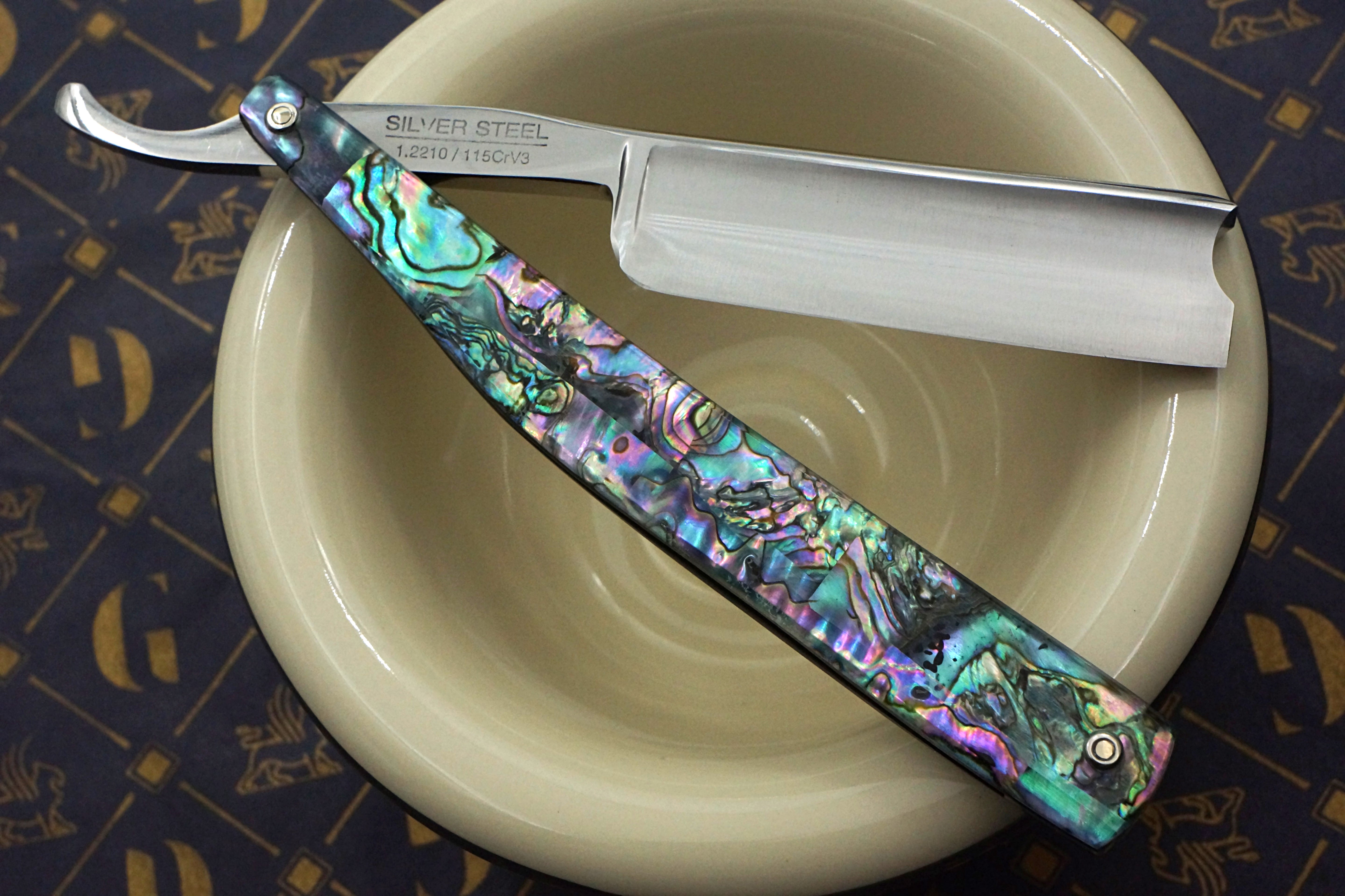 Griffith 13/16 Silver Steel Full Hollow Etched Blade - Abalone Scales Artisan Straight Razor - Shave Ready
