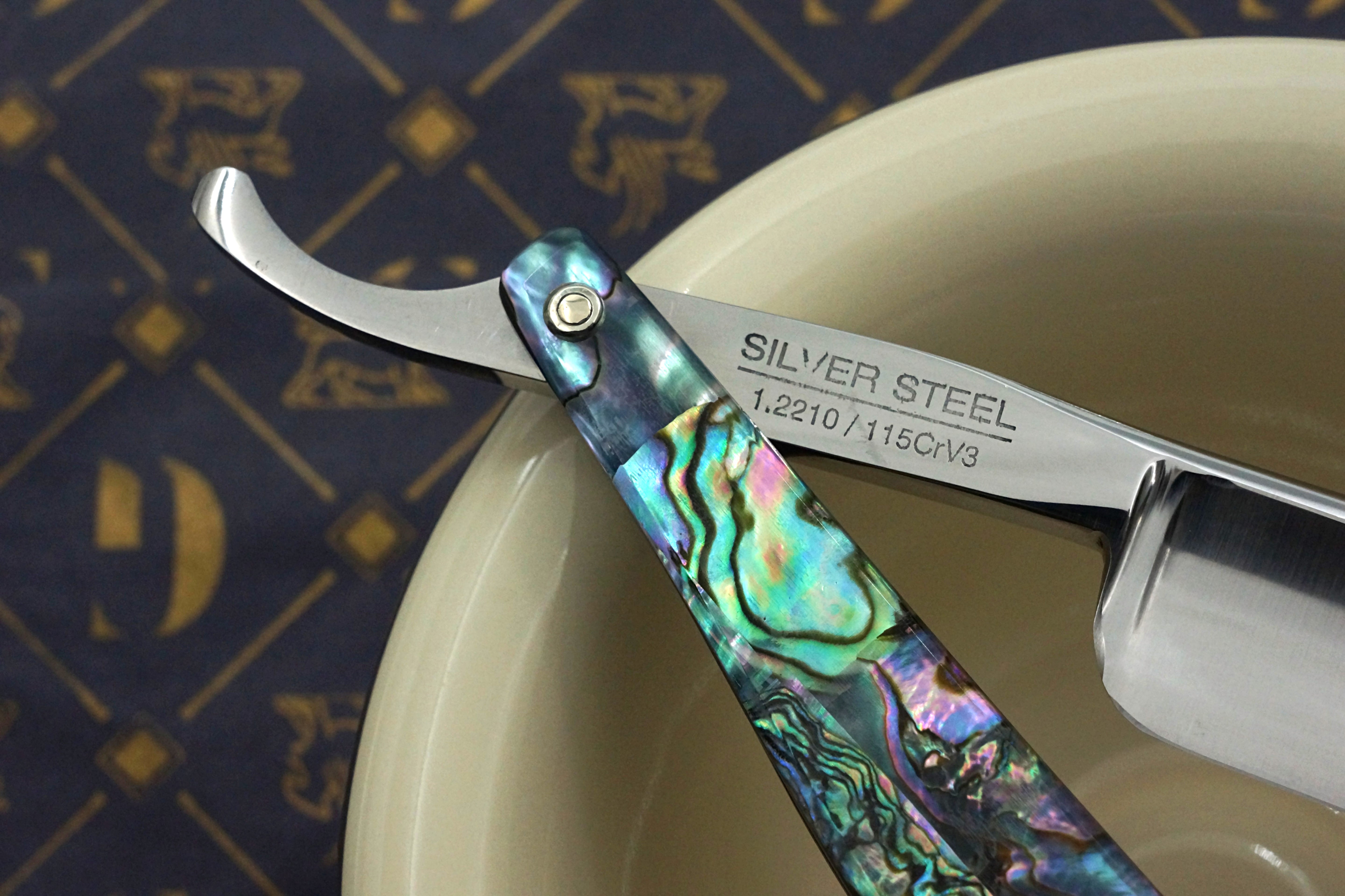 Griffith 13/16 Silver Steel Full Hollow Etched Blade - Abalone Scales Artisan Straight Razor - Shave Ready