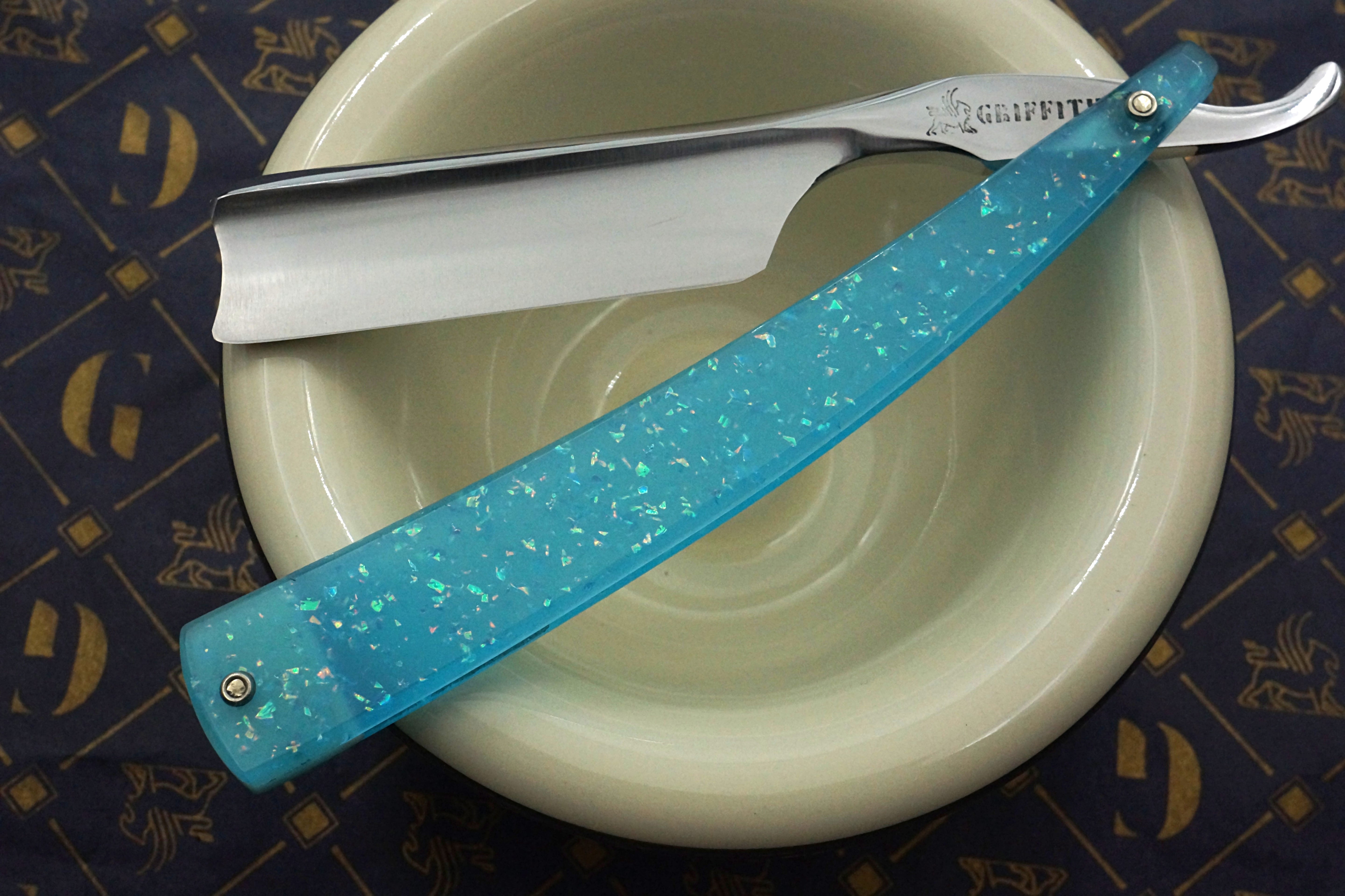 Griffith 13/16 Silver Steel Full Hollow Blade - Neon Blue Crackle Acrylic Scales Artisan Straight Razor - Shave Ready