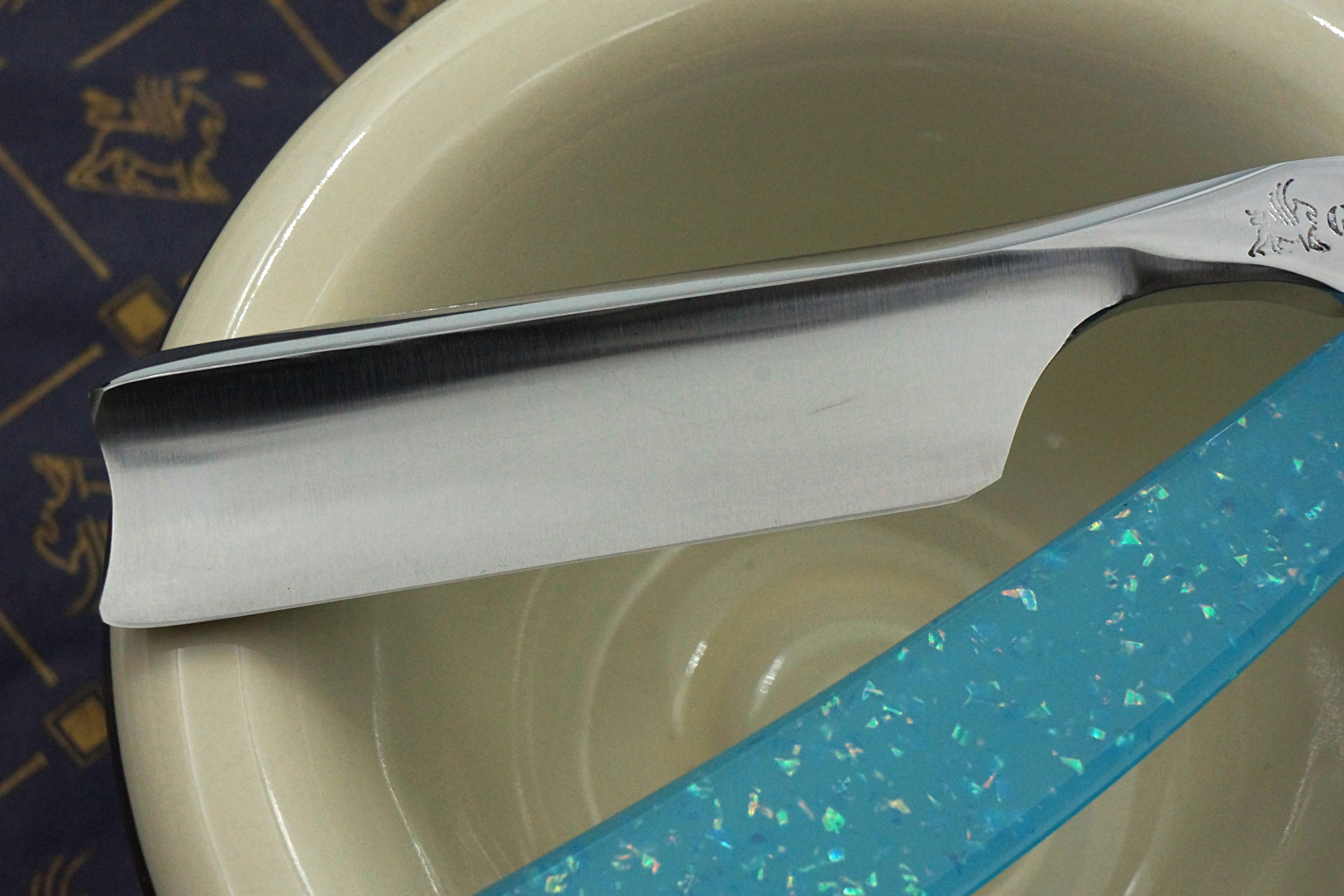 Griffith 13/16 Silver Steel Full Hollow Blade - Neon Blue Crackle Acrylic Scales Artisan Straight Razor - Shave Ready