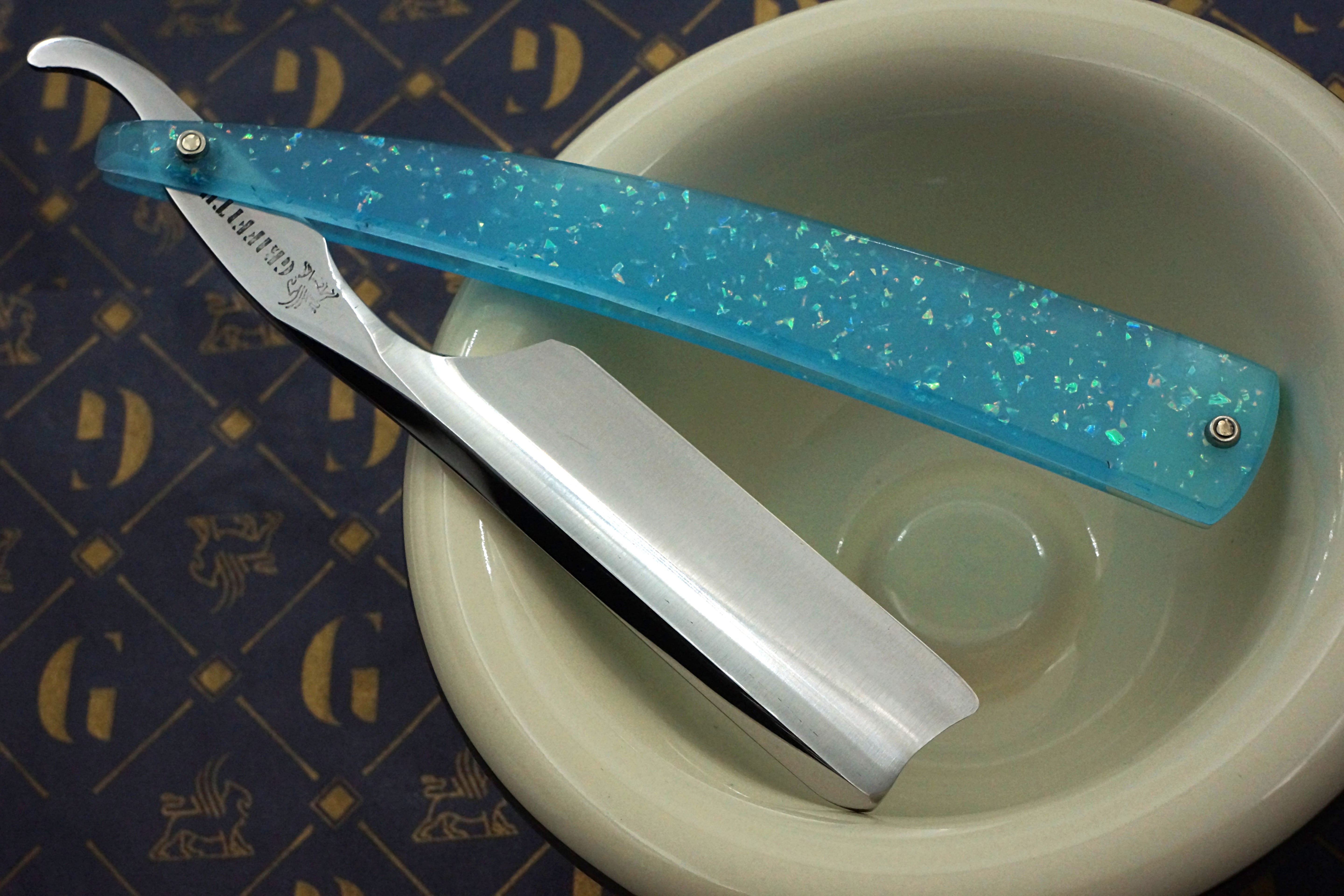 Griffith 13/16 Silver Steel Full Hollow Blade - Neon Blue Crackle Acrylic Scales Artisan Straight Razor - Shave Ready