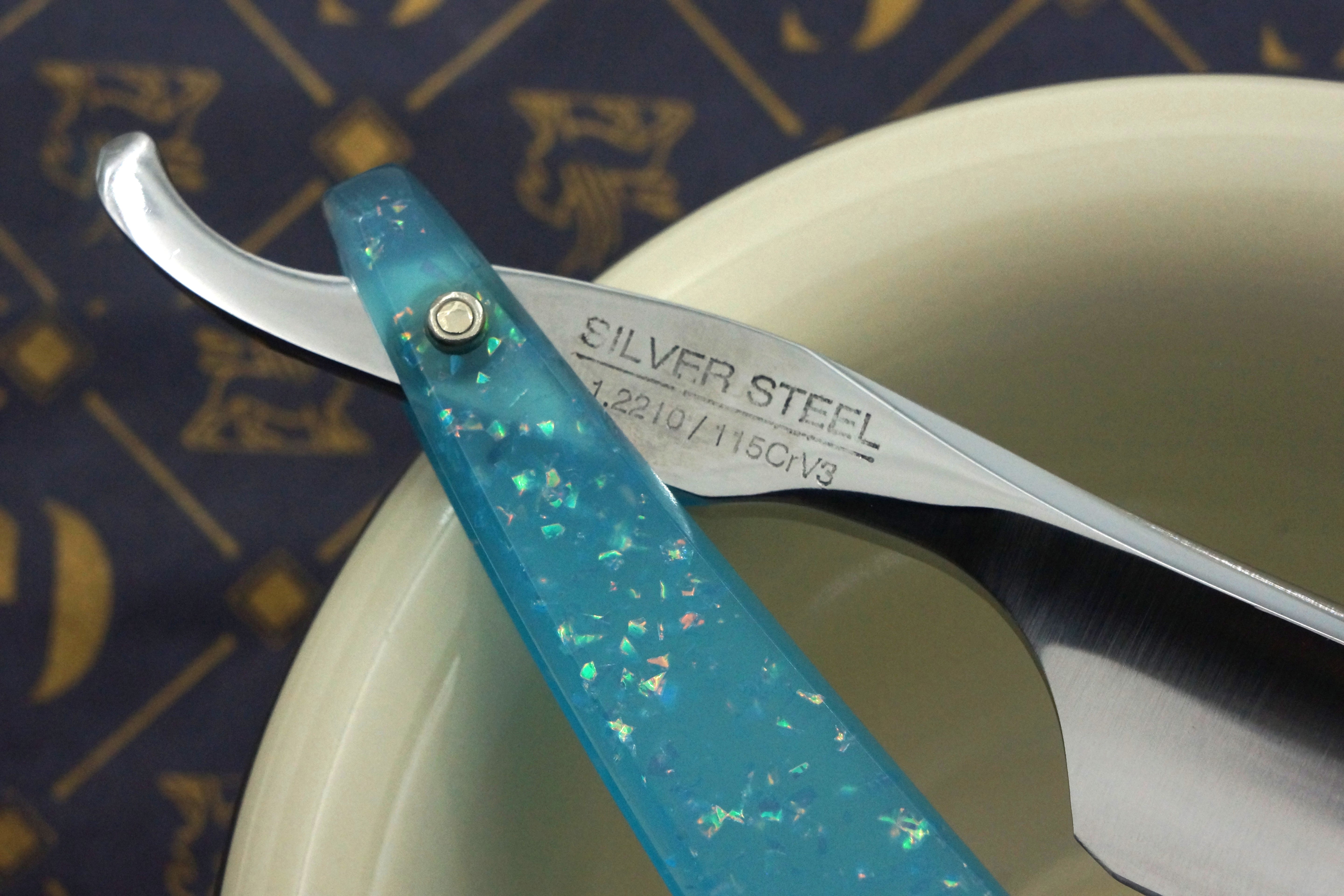 Griffith 13/16 Silver Steel Full Hollow Blade - Neon Blue Crackle Acrylic Scales Artisan Straight Razor - Shave Ready