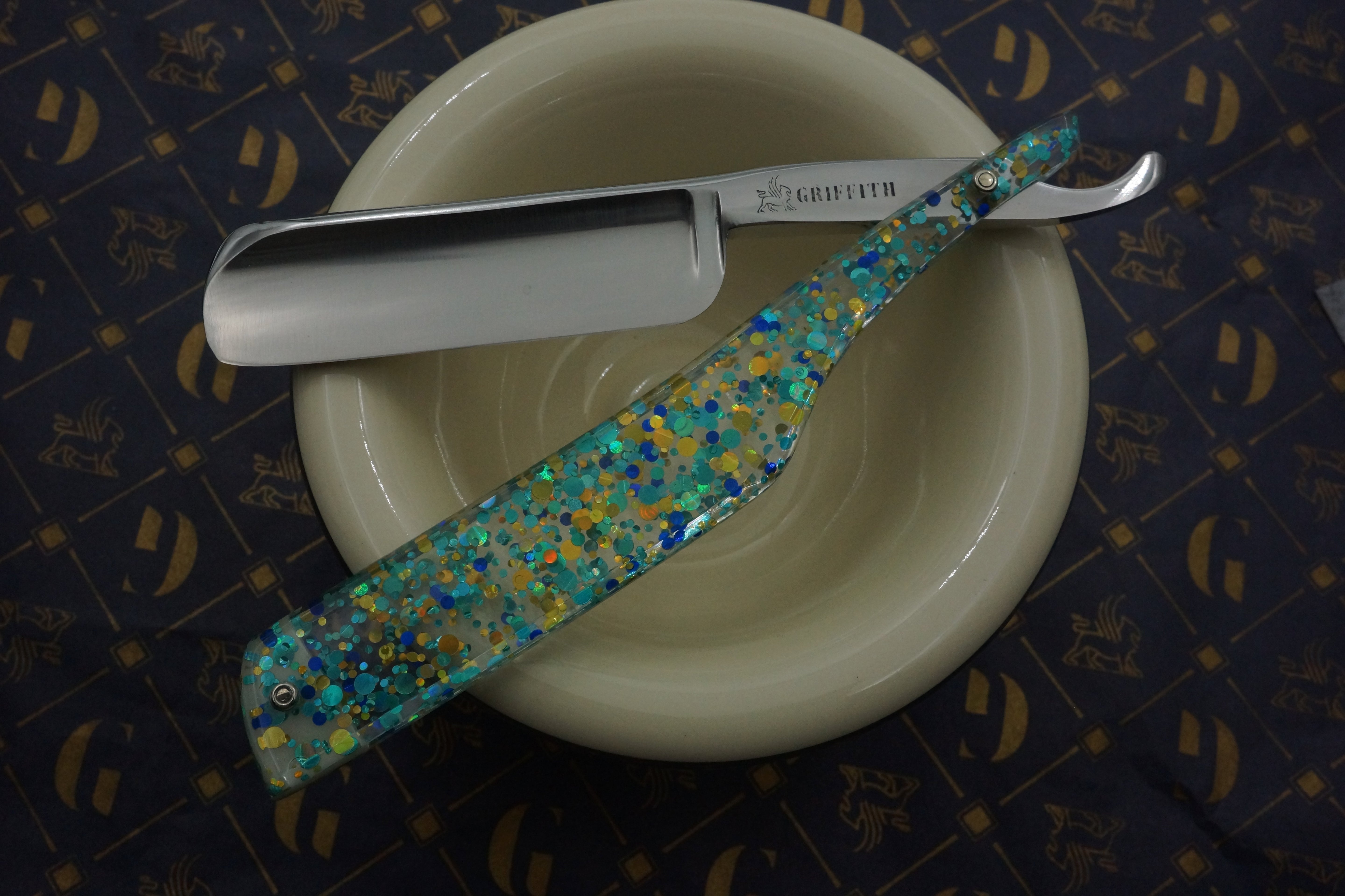 Griffith 7/8 Silver Steel Full Hollow Blade - Teal Dots and Glitter Acrylic Scales Artisan Straight Razor - Shave Ready