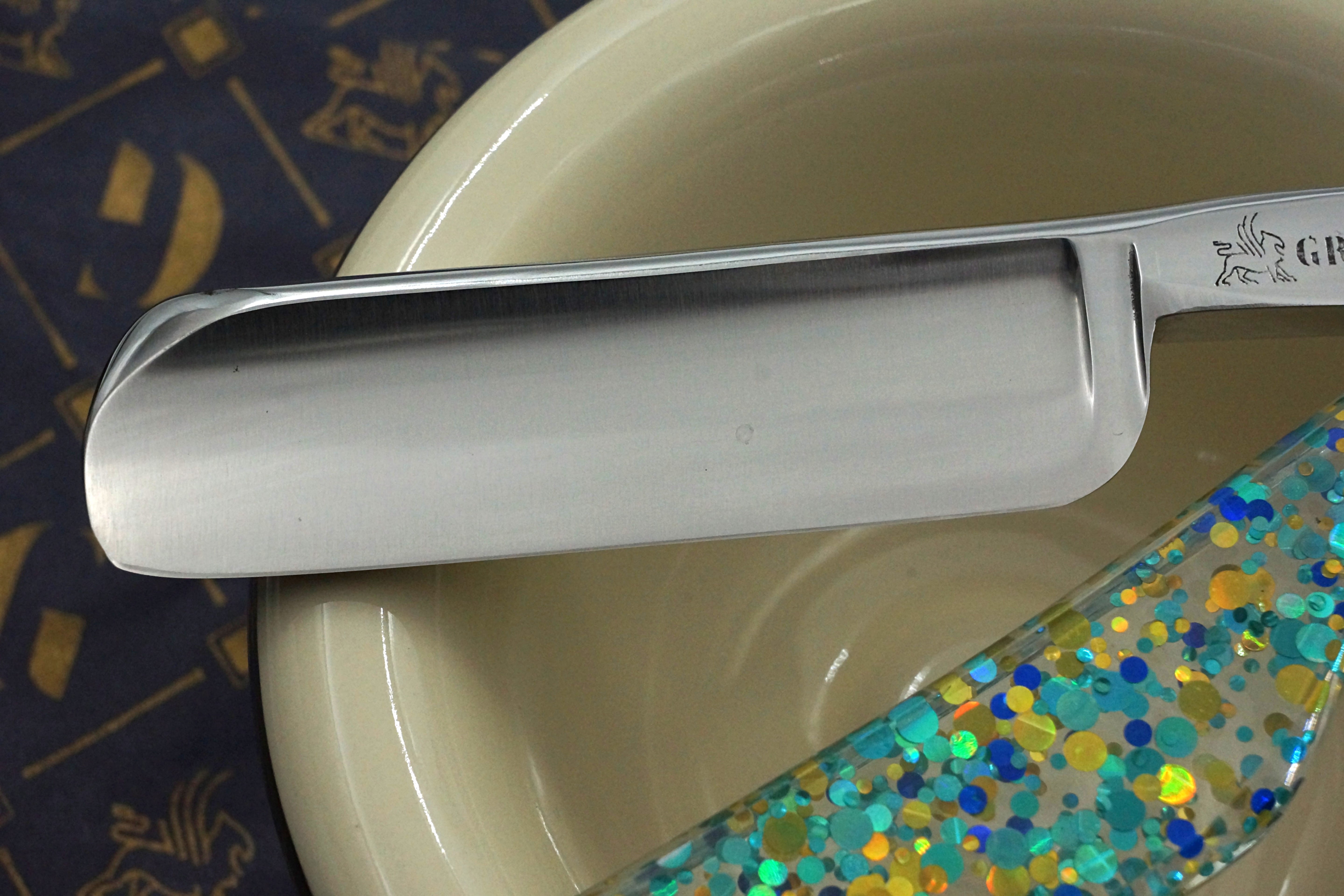 Griffith 7/8 Silver Steel Full Hollow Blade - Teal Dots and Glitter Acrylic Scales Artisan Straight Razor - Shave Ready