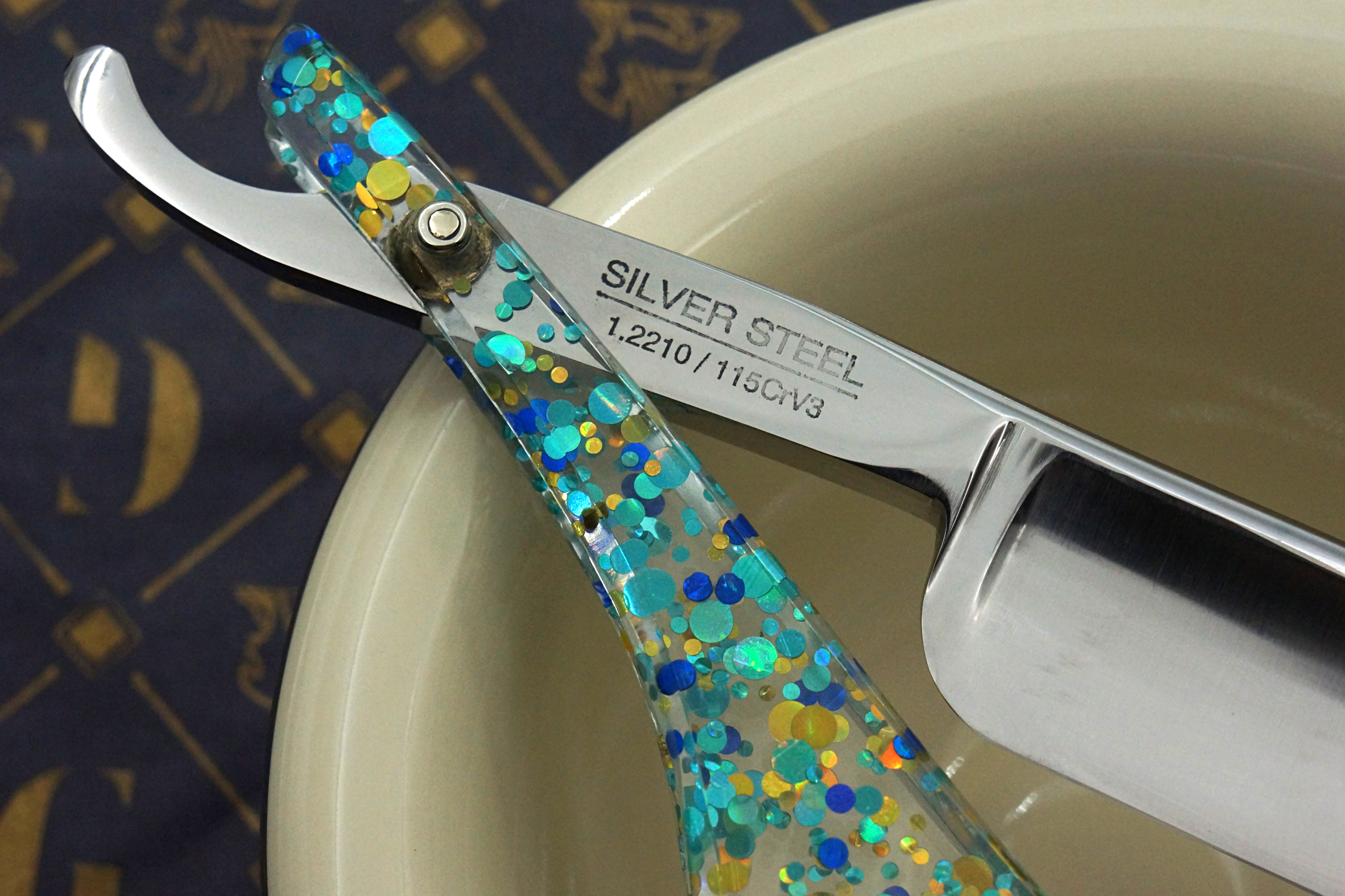 Griffith 7/8 Silver Steel Full Hollow Blade - Teal Dots and Glitter Acrylic Scales Artisan Straight Razor - Shave Ready